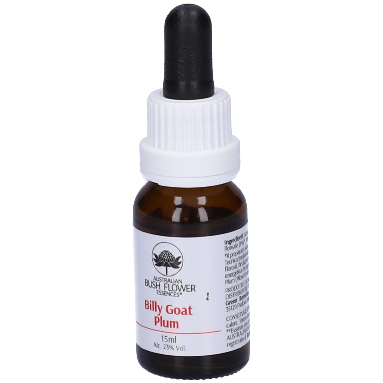 Flacone di vetro marrone con contagocce. Scritta: Australian Bush Flower Essences, Billy Goat Plum, 15ml, etichetta.