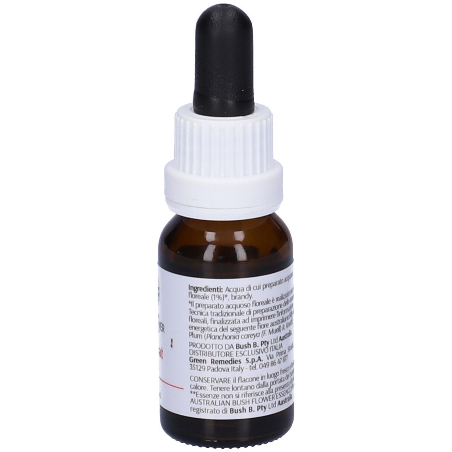 Flacone di vetro marrone con contagocce. Scritta: Australian Bush Flower Essences, Billy Goat Plum, 15ml, etichetta.