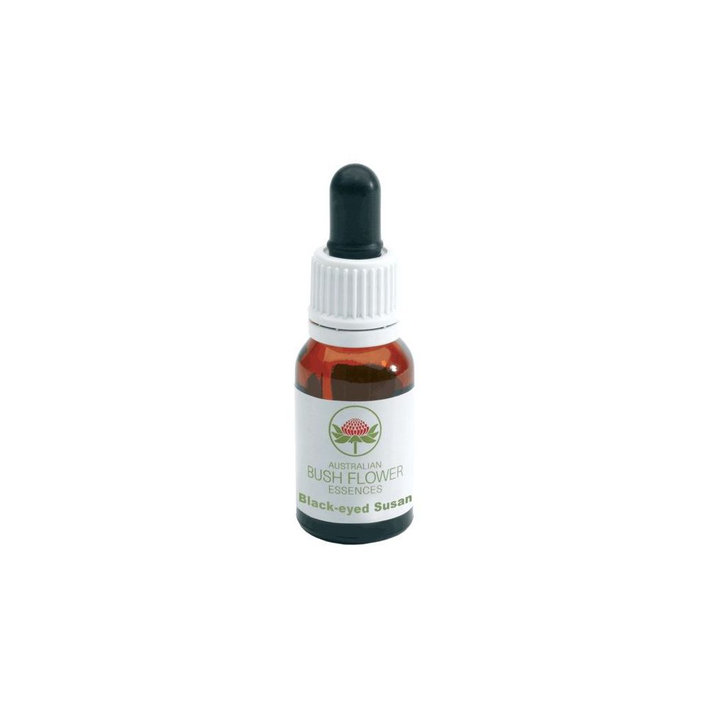 Flacone di vetro marrone con contagocce nero. Etichetta con logo e testo: Black-eyed Susan.