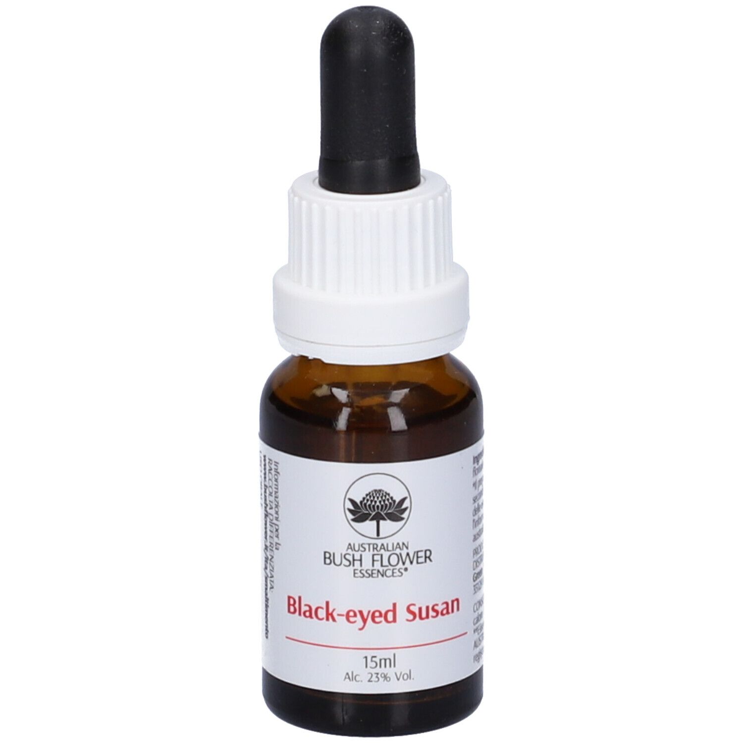 Flacone vetro marrone con contagocce nero. Etichetta: Black-eyed Susan, 15ml, Alc. 23% Vol.