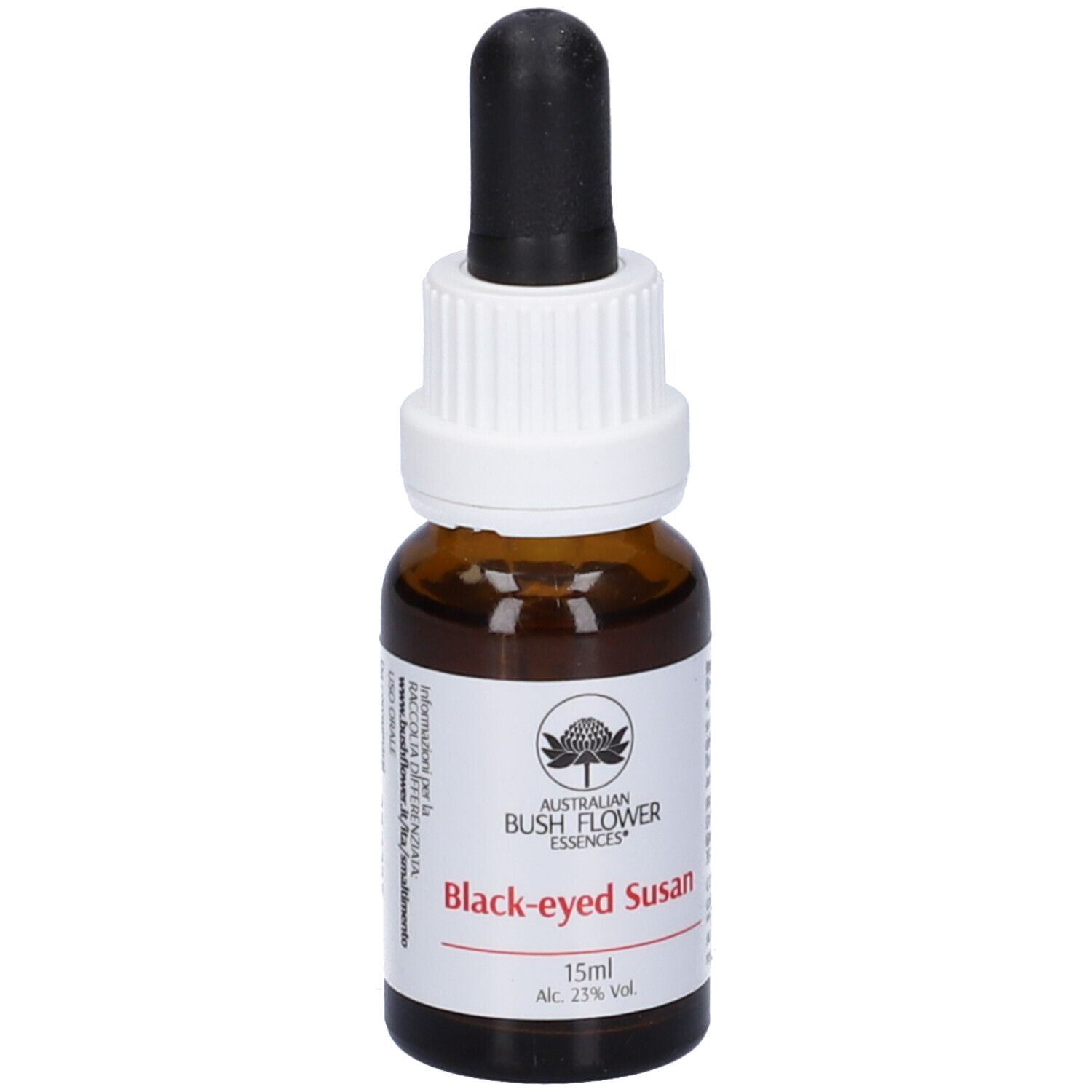 Flacone vetro marrone con contagocce nero. Etichetta: Black-eyed Susan, 15ml, Alc. 23% Vol.