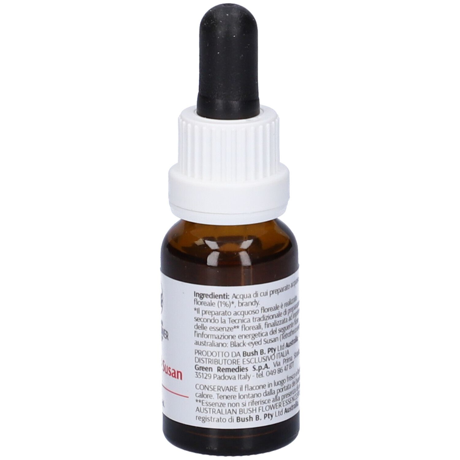 Flacone vetro marrone con contagocce nero. Etichetta: Black-eyed Susan, 15ml, Alc. 23% Vol.