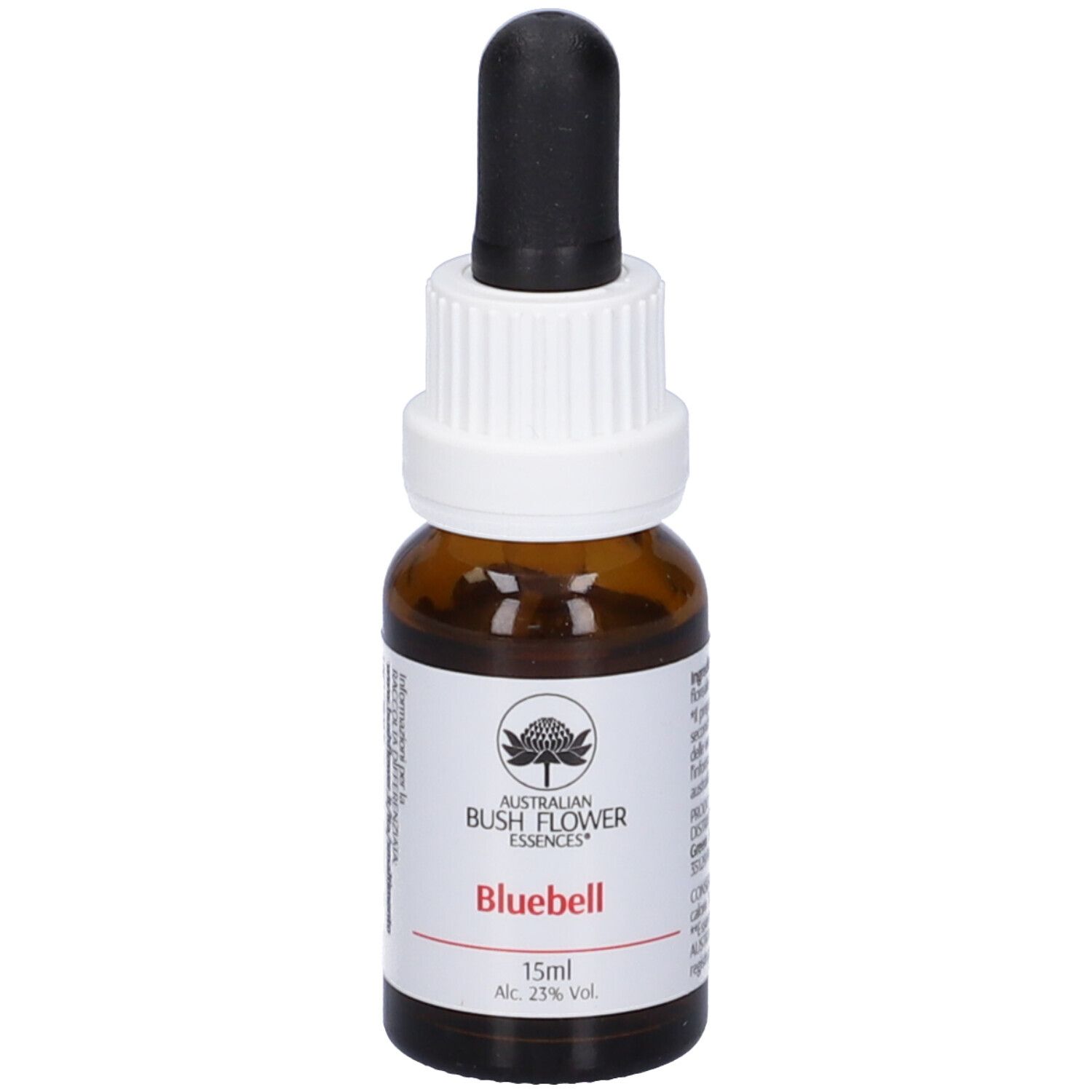 Flacone di vetro marrone con contagocce. Etichetta: Bluebell, 15ml, 23% Vol. Essenze floreali australiane.