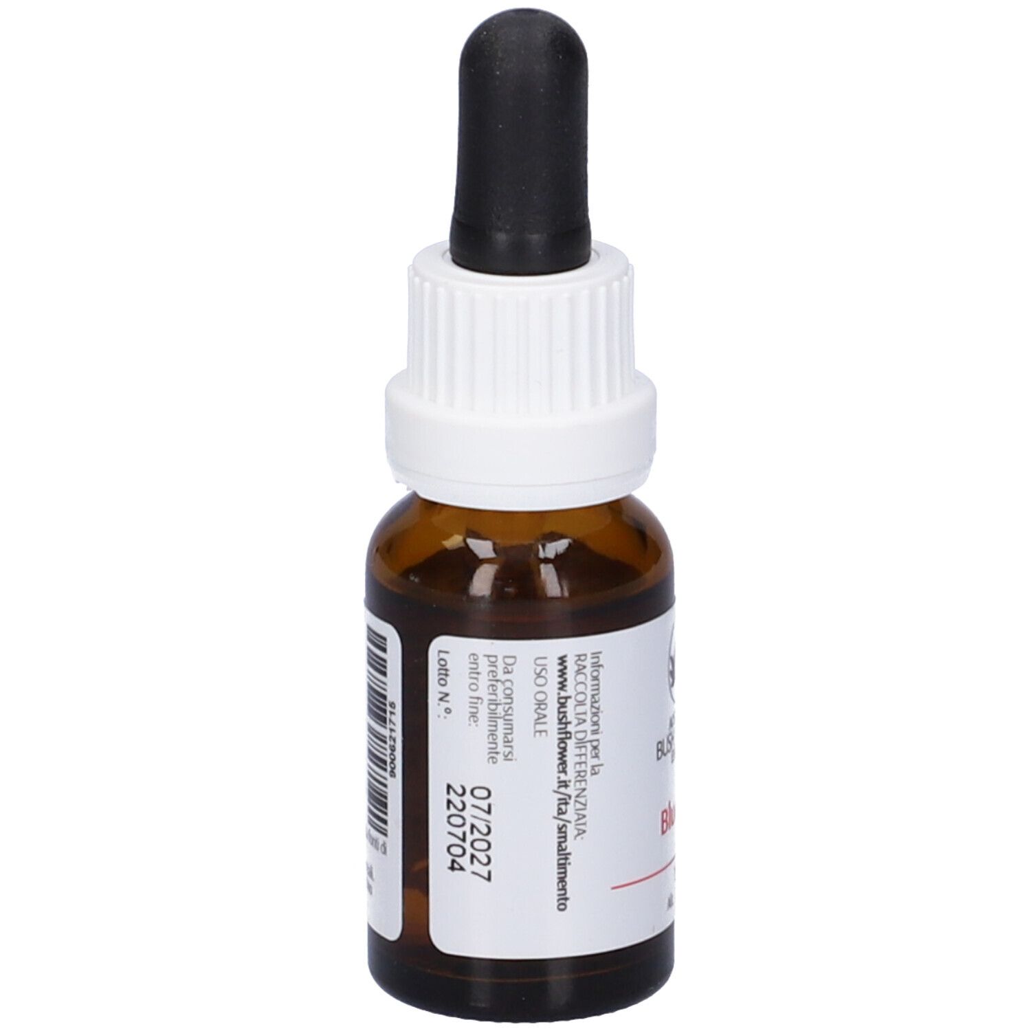 Flacone di vetro marrone con contagocce. Etichetta: Bluebell, 15ml, 23% Vol. Essenze floreali australiane. Testo sul retro.