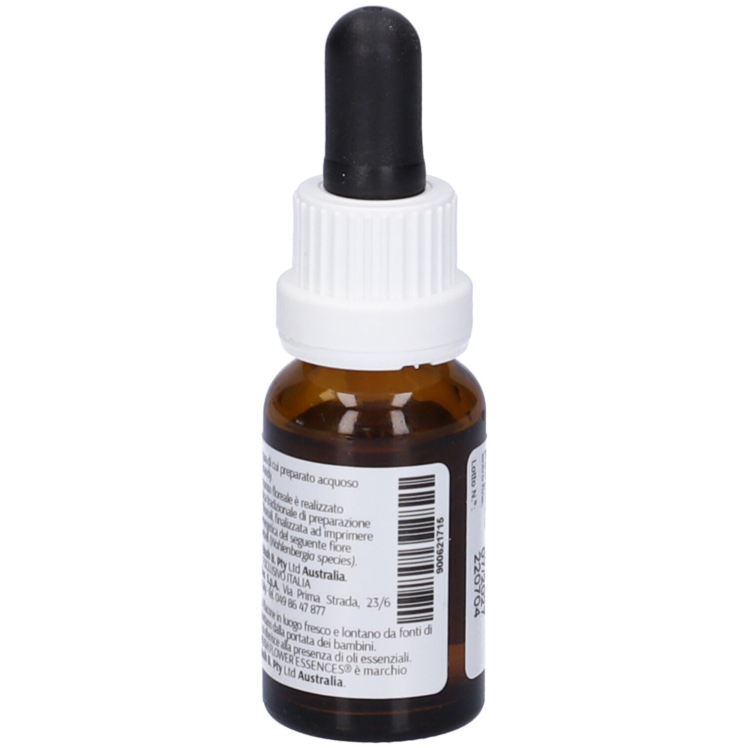 Flacone di vetro marrone con contagocce. Etichetta: Bluebell, 15ml, 23% Vol. Essenze floreali australiane. Testo sul retro.