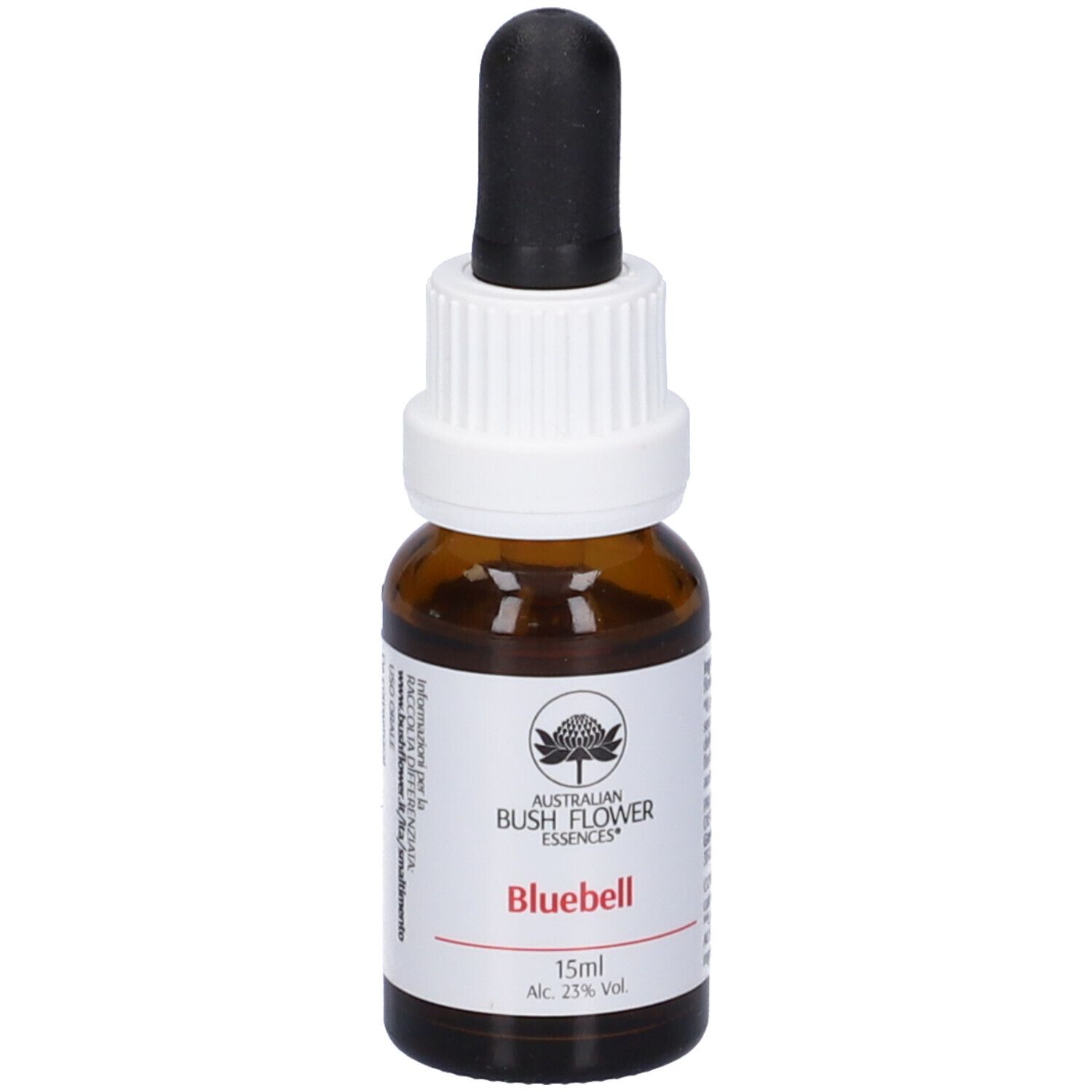 Flacone di vetro marrone con contagocce. Etichetta: Bluebell, 15ml, 23% Vol. Essenze floreali australiane.