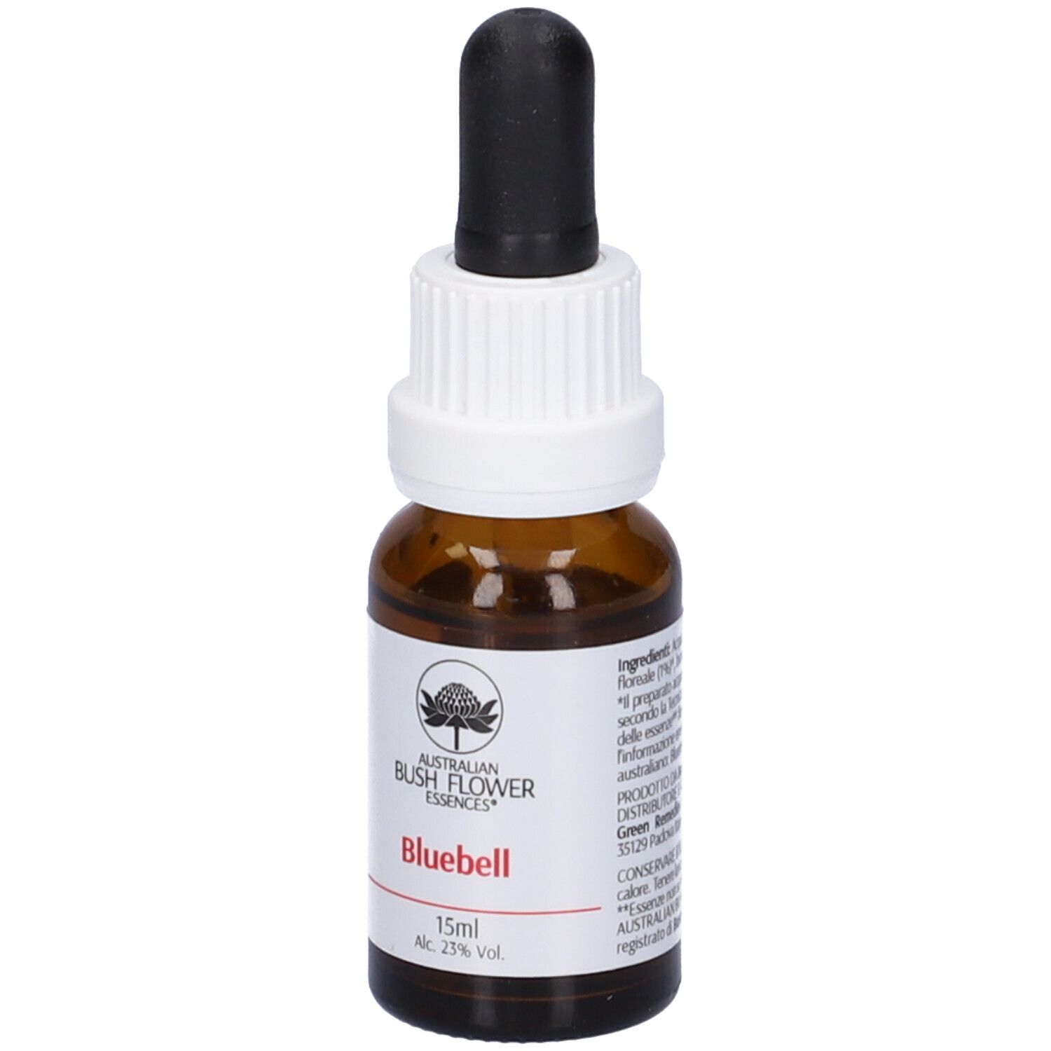 Flacone di vetro marrone con contagocce. Etichetta: Bluebell, 15ml, 23% Vol. Essenze floreali australiane.