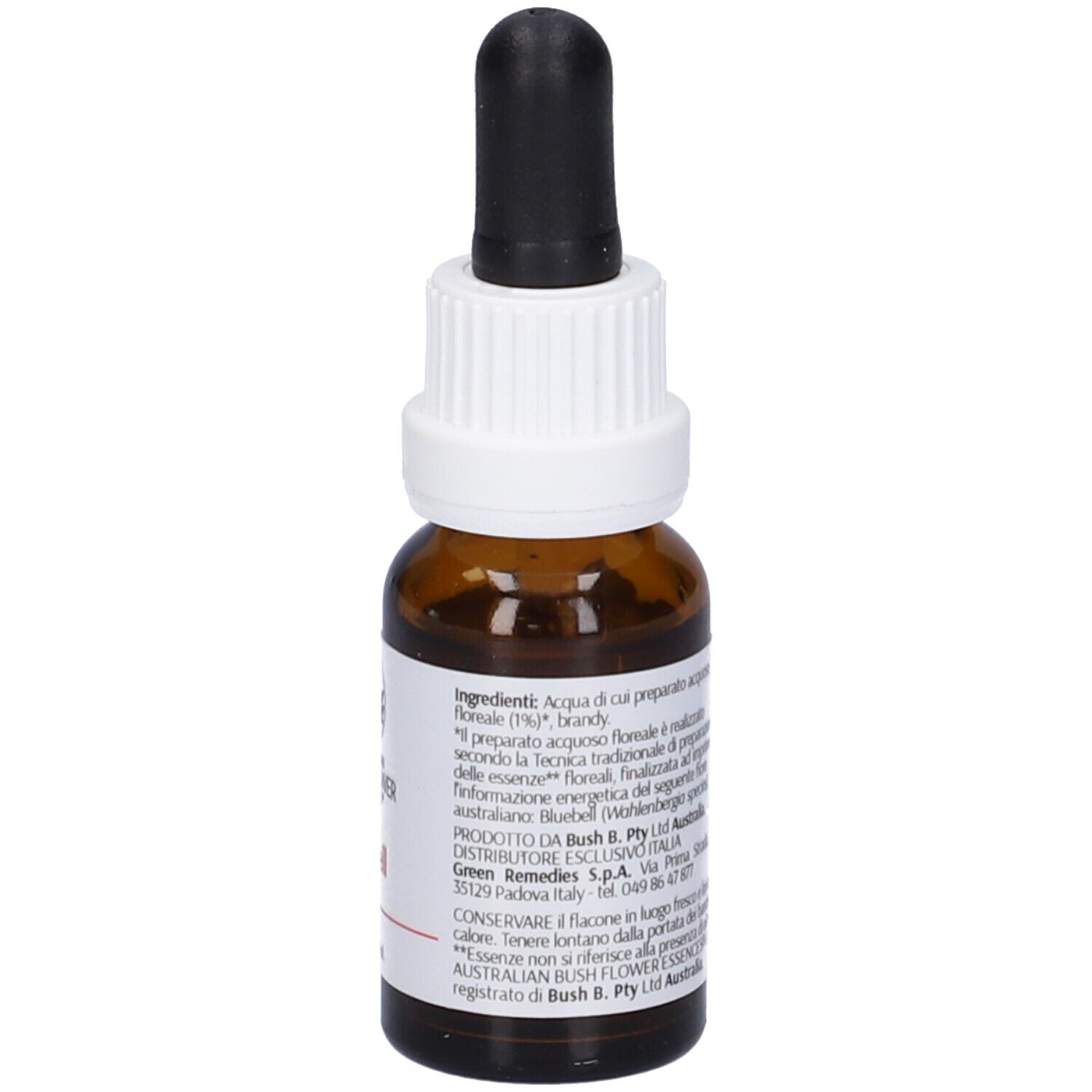 Flacone di vetro marrone con contagocce. Etichetta: Bluebell, 15ml, 23% Vol. Essenze floreali australiane. Elenco ingredienti.