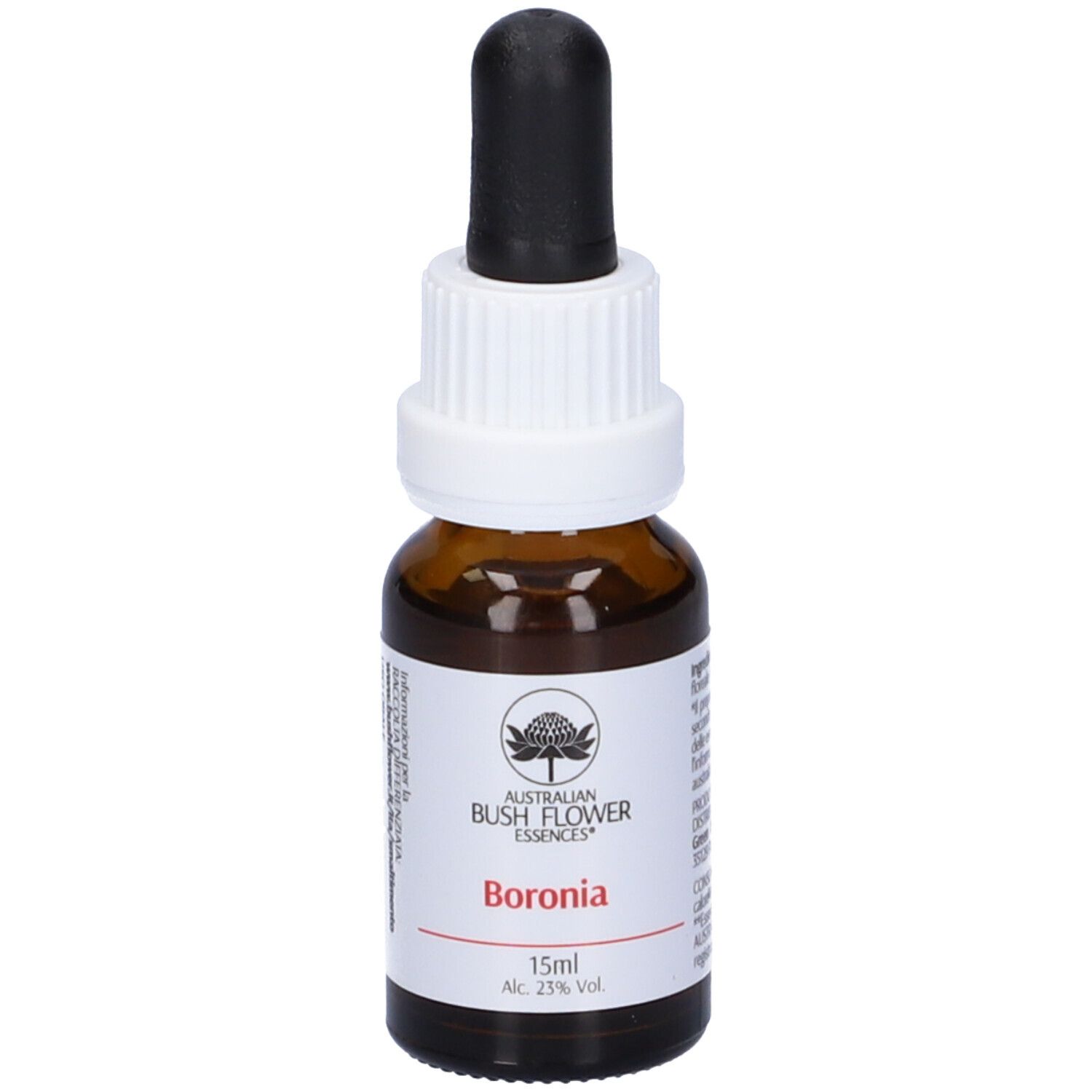 Flacone di vetro marrone con contagocce nero. Etichetta con logo, "Boronia", 15ml, Alc. 23% Vol.