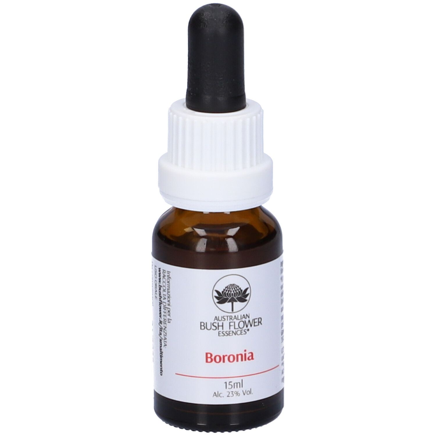 Flacone di vetro marrone con contagocce nero. Etichetta con logo, "Boronia", 15ml, Alc. 23% Vol.