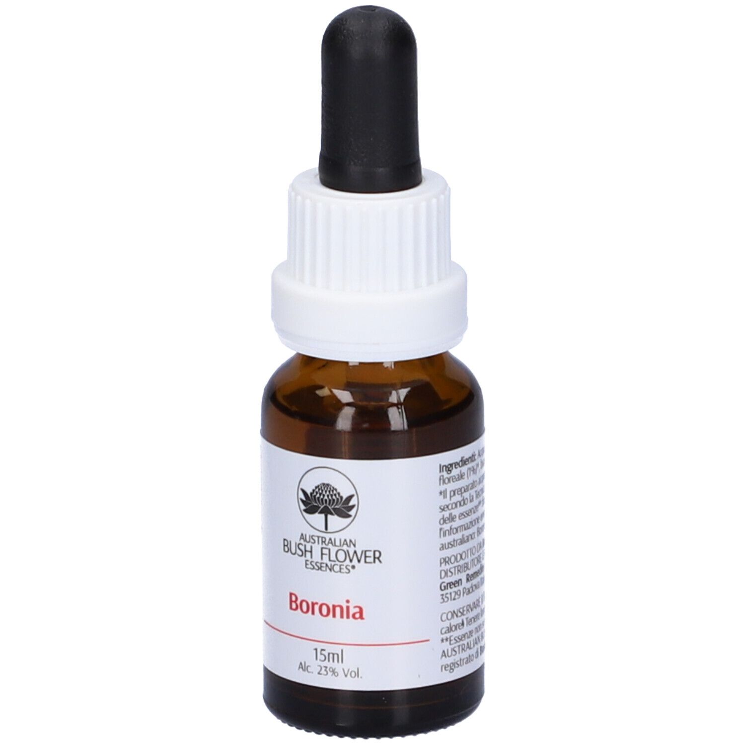 Flacone di vetro marrone con contagocce nero. Etichetta con logo, "Boronia", 15ml, Alc. 23% Vol.