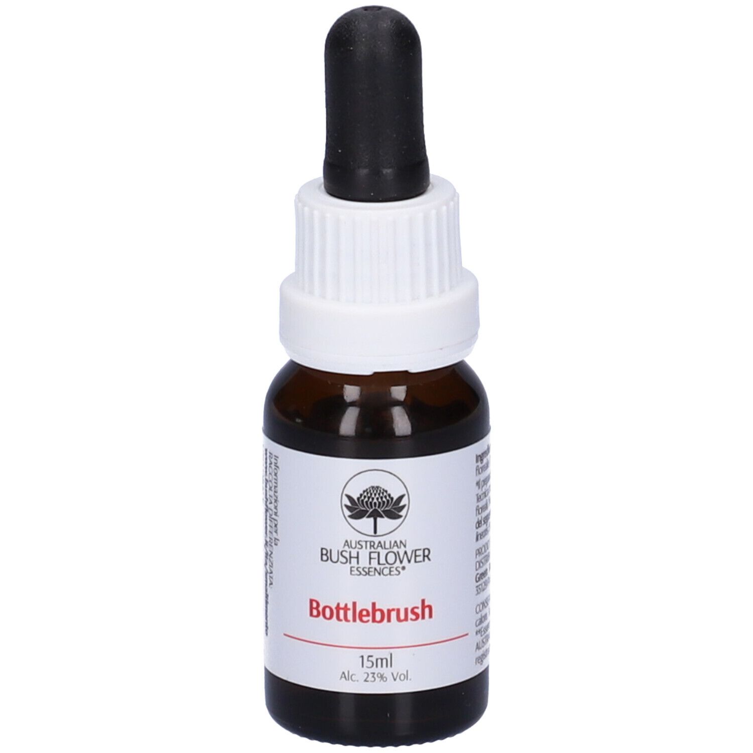 Flacone di vetro marrone con contagocce nero. Etichetta con logo, scritta Bottlebrush e 15ml. Tappo a vite bianco.