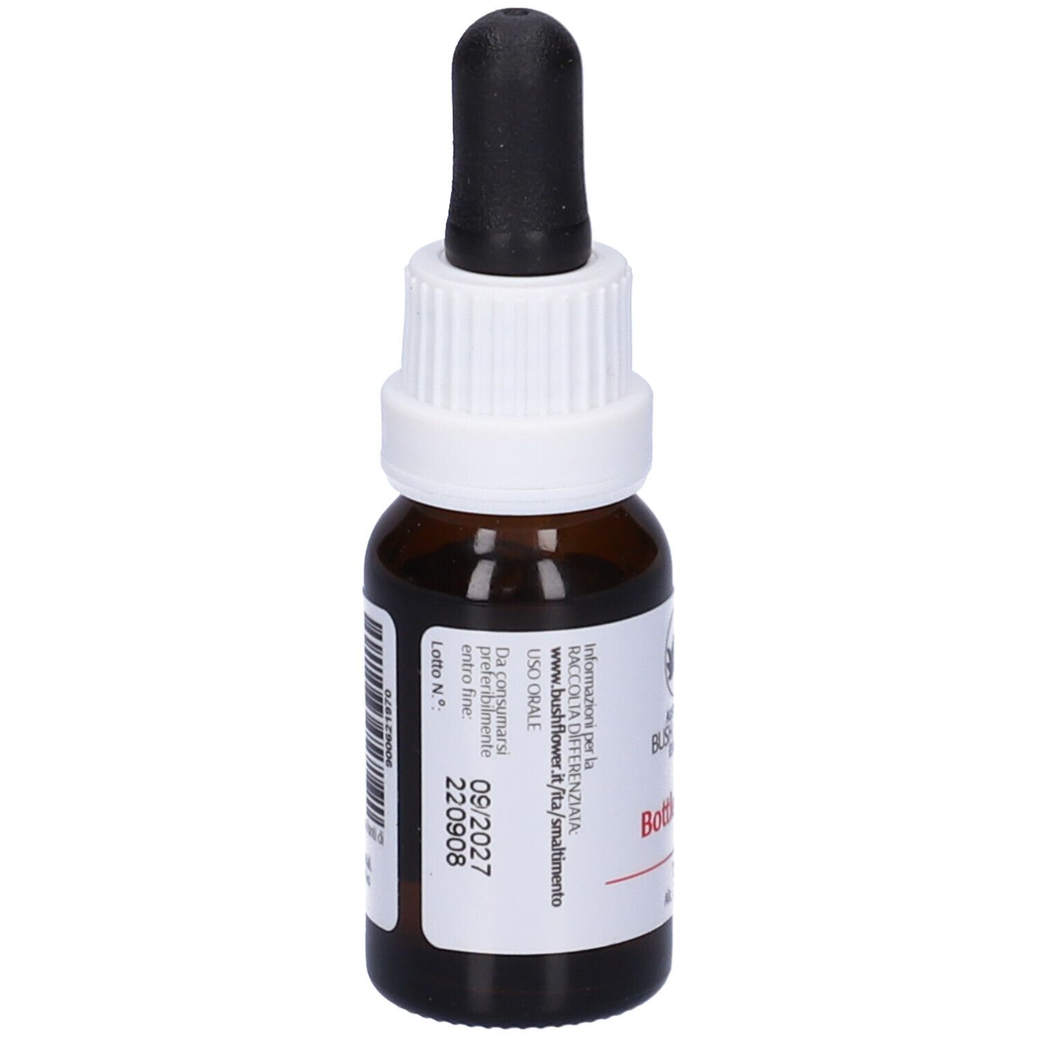 Flacone di vetro marrone con contagocce nero. Etichetta con logo, scritta Bottlebrush e 15ml. Tappo a vite bianco.