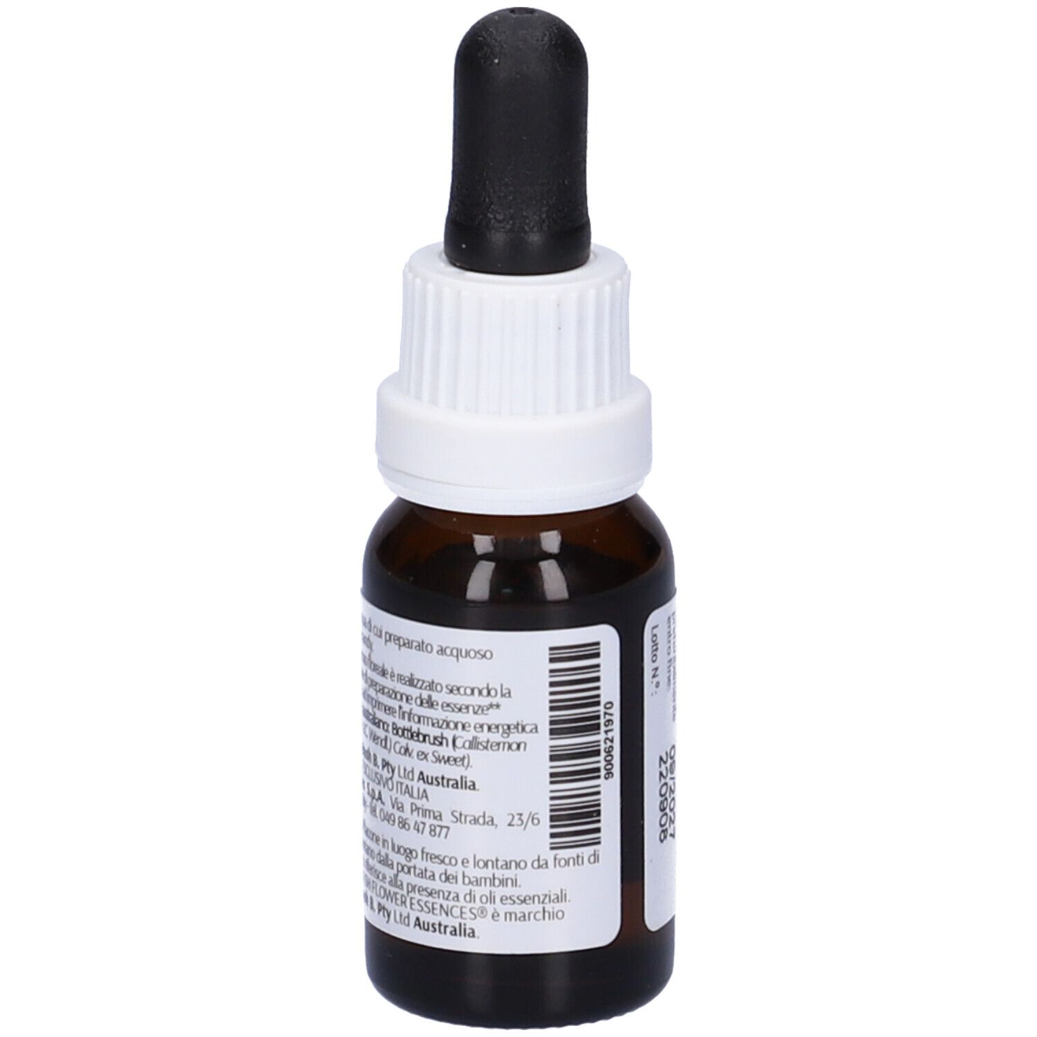 Flacone di vetro marrone con contagocce nero. Etichetta con logo, scritta Bottlebrush e 15ml. Tappo a vite bianco.