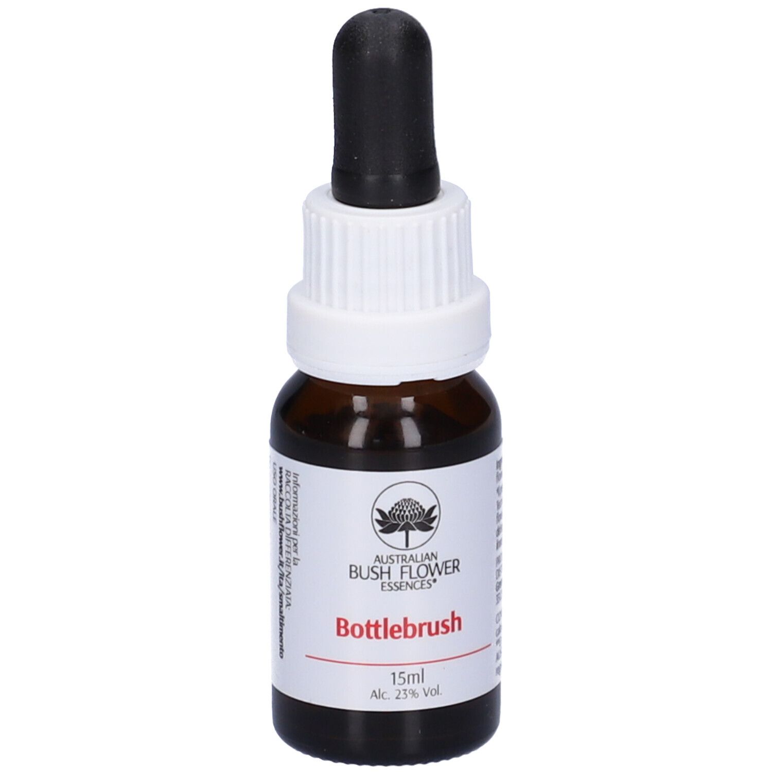 Flacone di vetro marrone con contagocce nero. Etichetta con logo, scritta Bottlebrush e 15ml. Tappo a vite bianco.