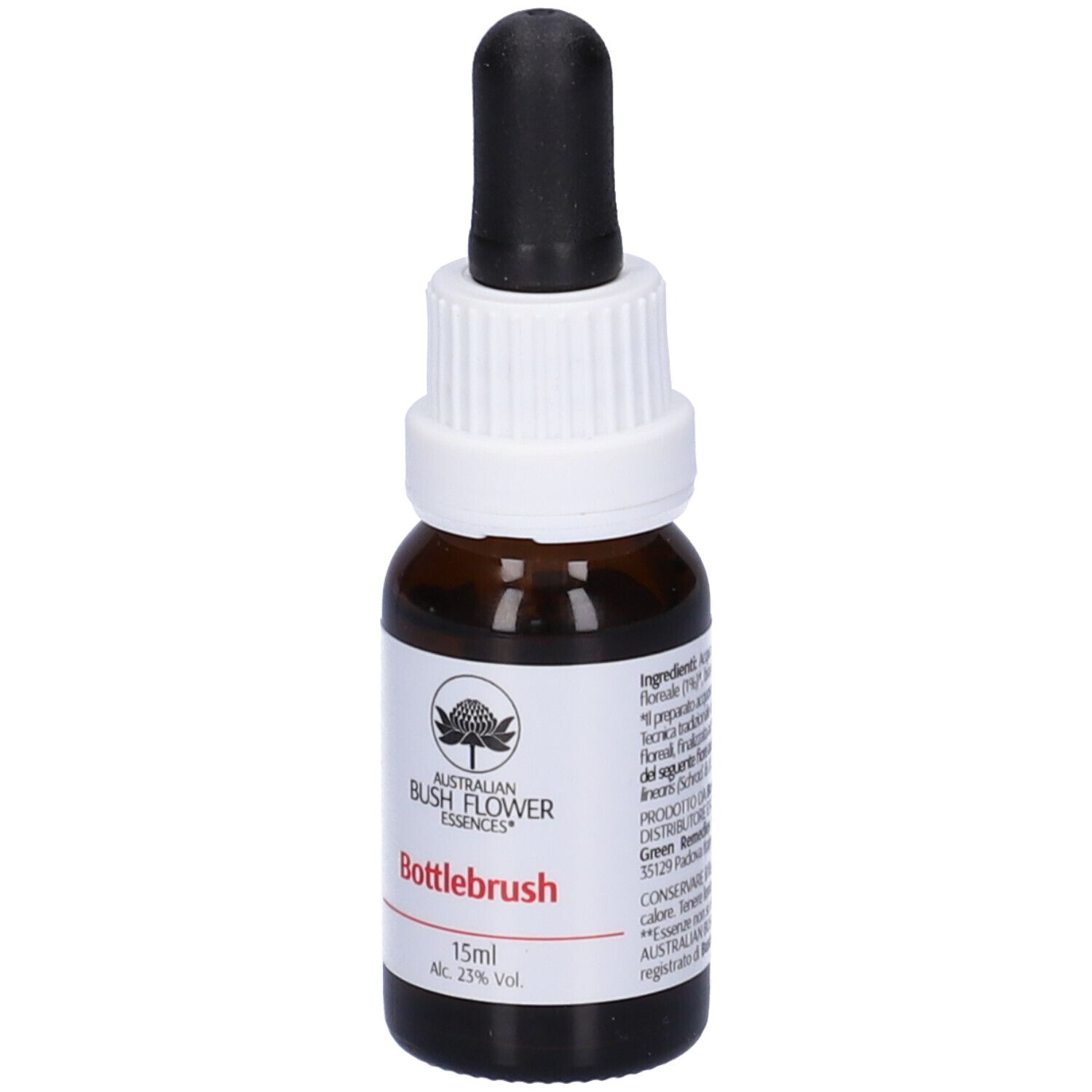 Flacone di vetro marrone con contagocce nero. Etichetta con logo, scritta Bottlebrush e 15ml. Tappo a vite bianco.