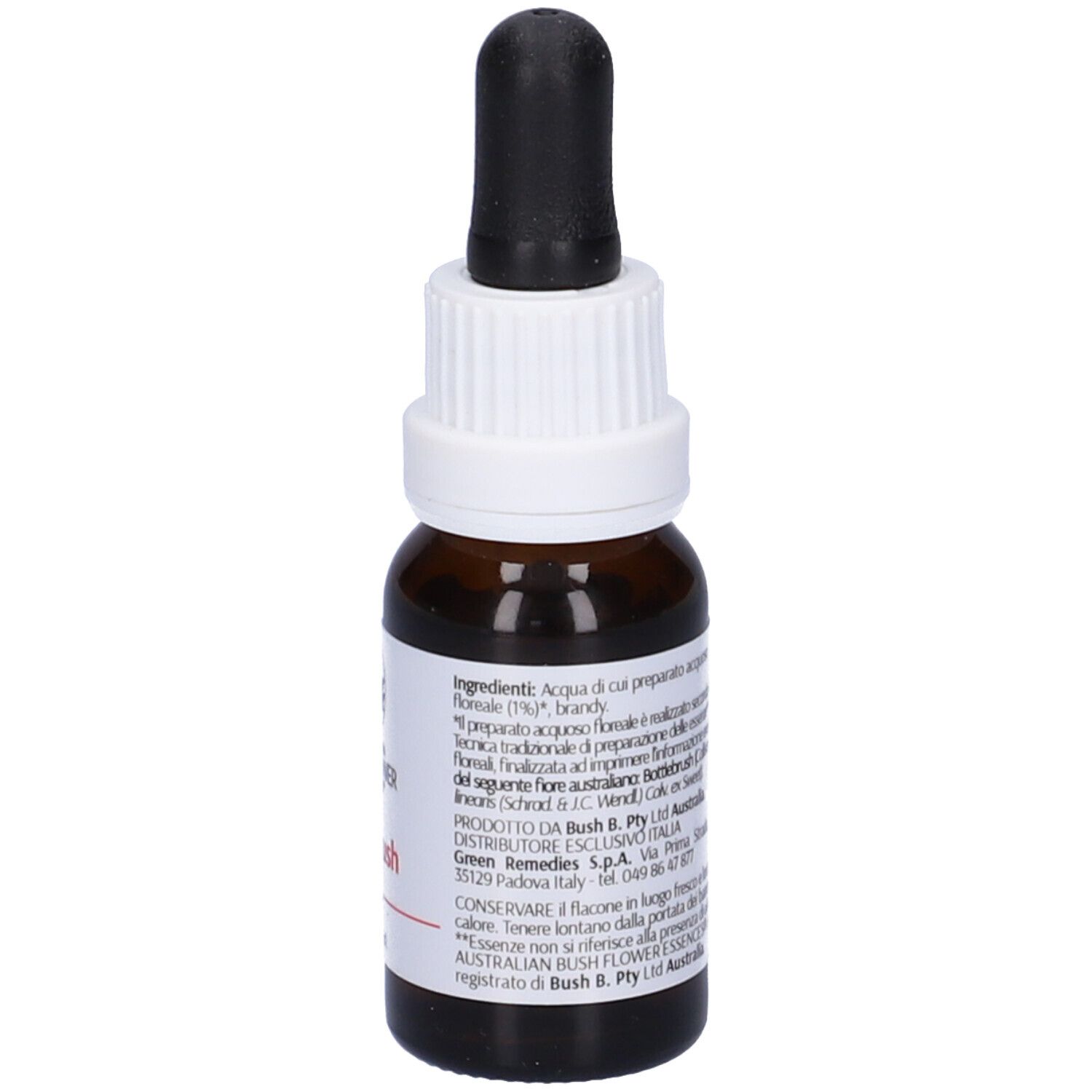 Flacone di vetro marrone con contagocce nero. Etichetta con logo, scritta Bottlebrush e 15ml. Tappo a vite bianco.