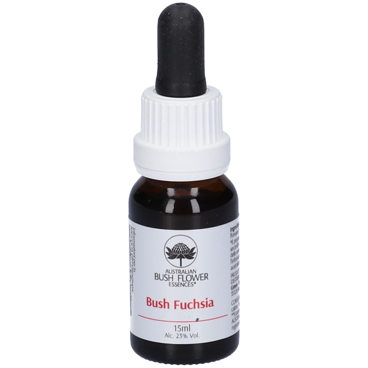 Flacone di vetro marrone con contagocce nero. Etichetta con logo, nome prodotto Bush Fuchsia e 15ml.