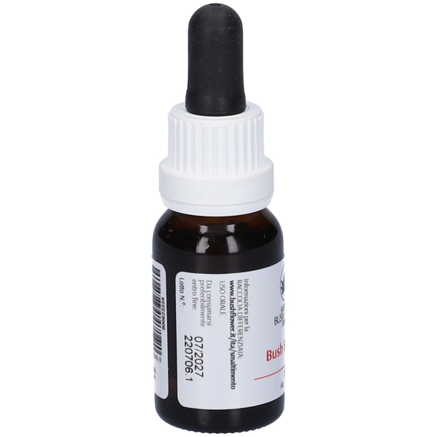 Flacone di vetro marrone con contagocce nero. Etichetta con logo, nome prodotto Bush Fuchsia e 15ml.