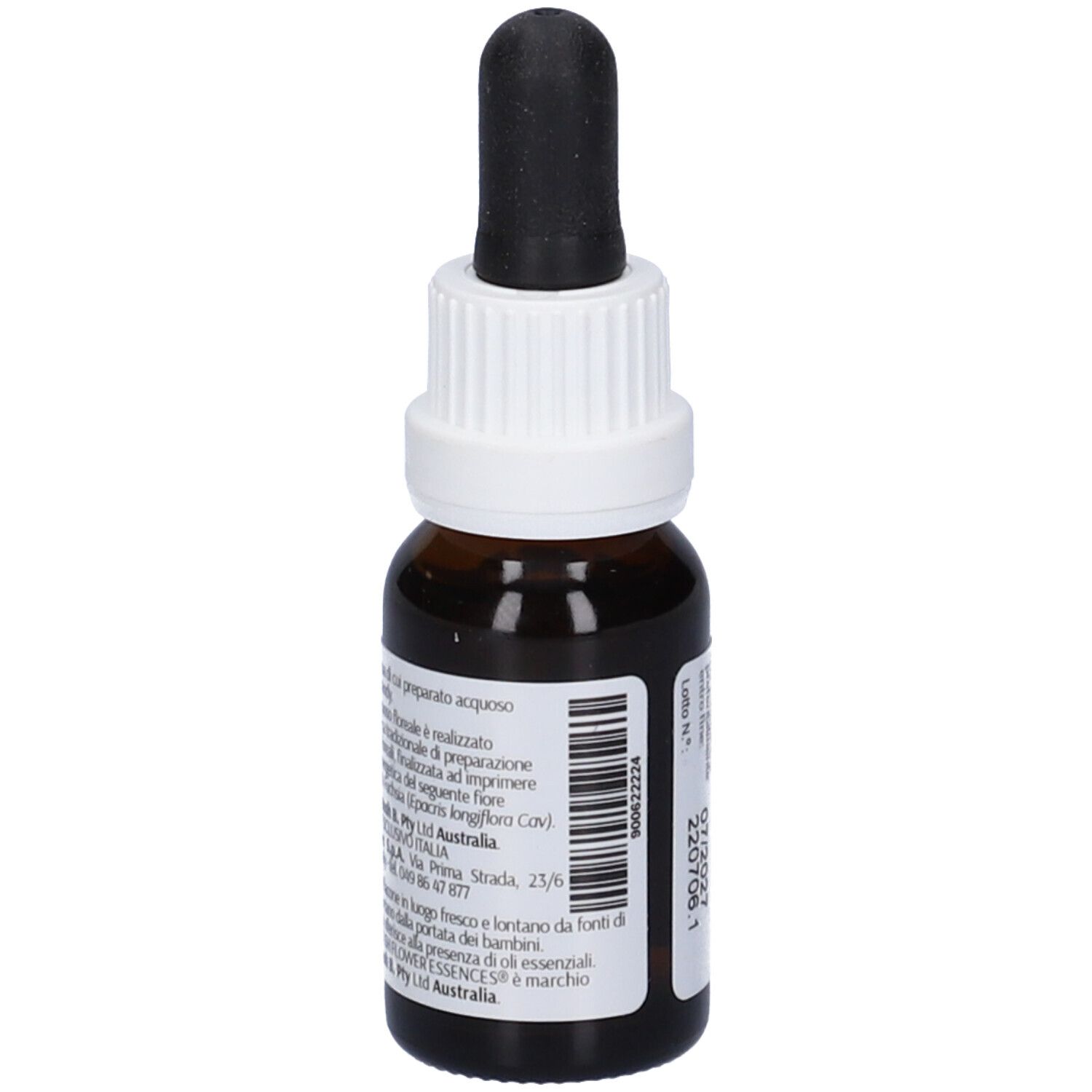 Flacone di vetro marrone con contagocce nero. Etichetta con logo, nome prodotto Bush Fuchsia e 15ml.