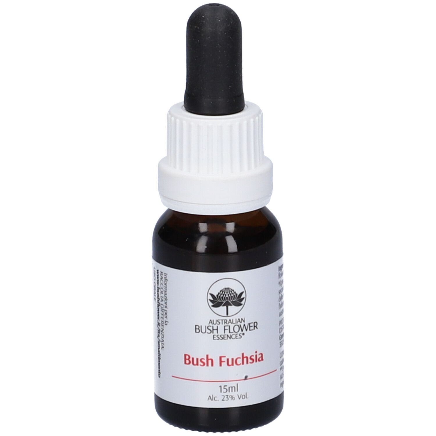 Flacone di vetro marrone con contagocce nero. Etichetta con logo, nome prodotto Bush Fuchsia e 15ml.