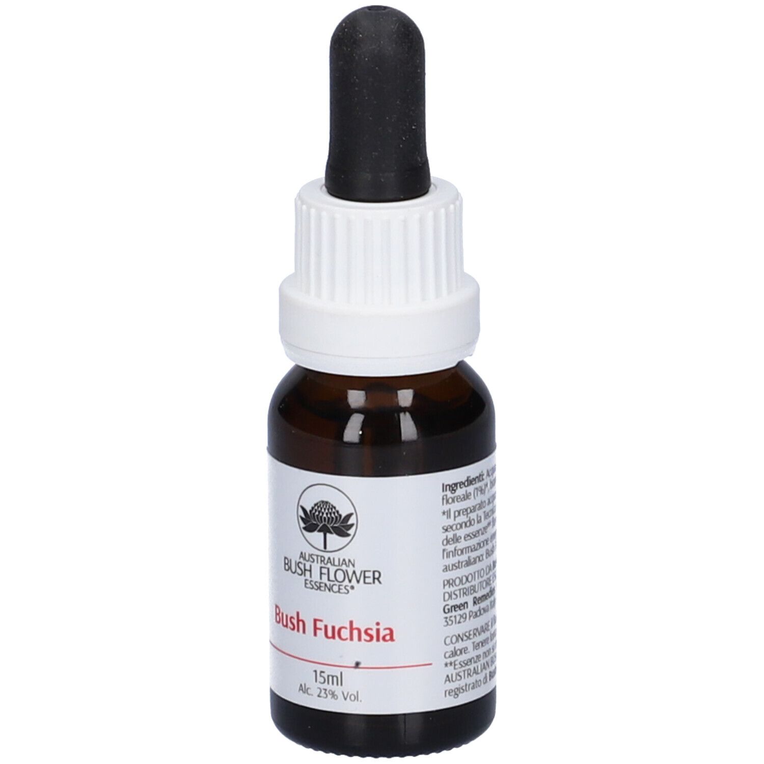 Flacone di vetro marrone con contagocce nero. Etichetta con logo, nome prodotto Bush Fuchsia e 15ml.