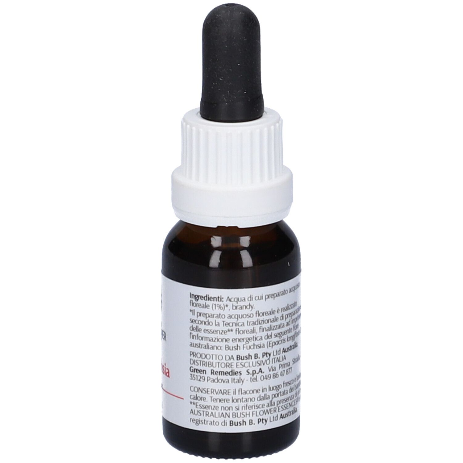 Flacone di vetro marrone con contagocce nero. Etichetta con logo, nome prodotto Bush Fuchsia e 15ml.