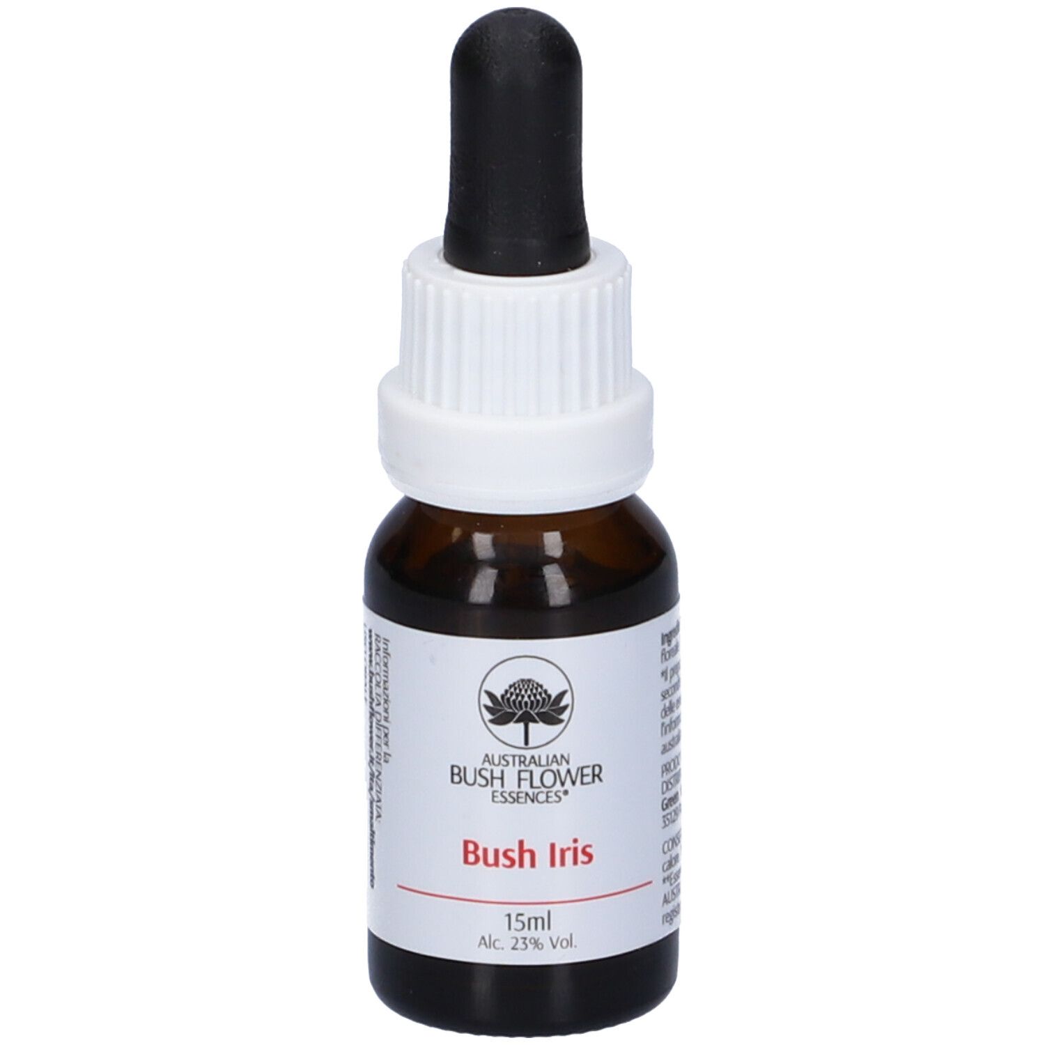 Flacone di vetro marrone con contagocce nero. Etichetta con logo, nome prodotto Bush Iris e 15ml.
