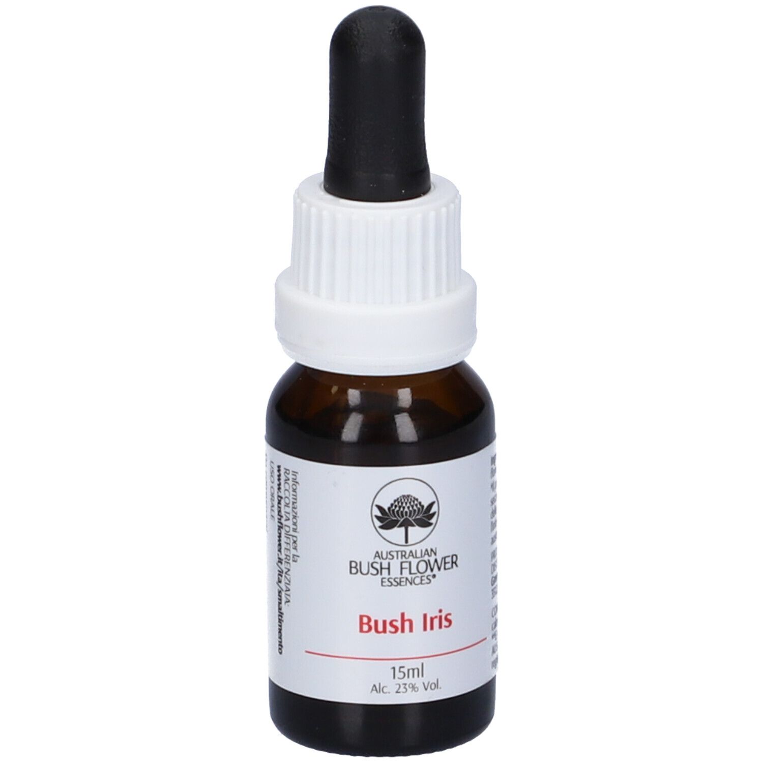 Flacone di vetro marrone con contagocce nero. Etichetta con logo, nome prodotto Bush Iris e 15ml.