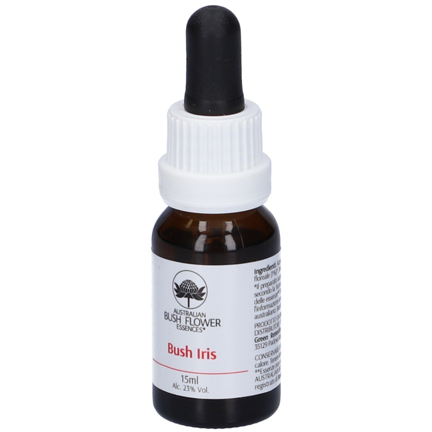 Flacone di vetro marrone con contagocce nero. Etichetta con logo, nome prodotto Bush Iris e 15ml.