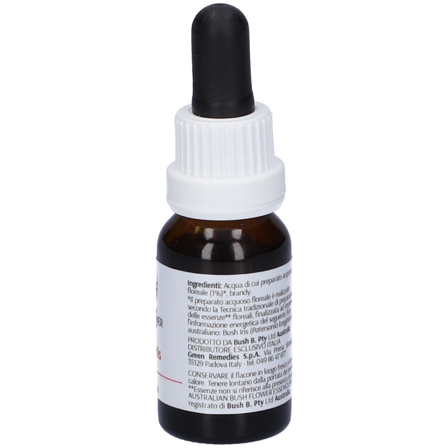 Flacone di vetro marrone con contagocce nero. Etichetta con logo, nome prodotto Bush Iris e ingredienti.
