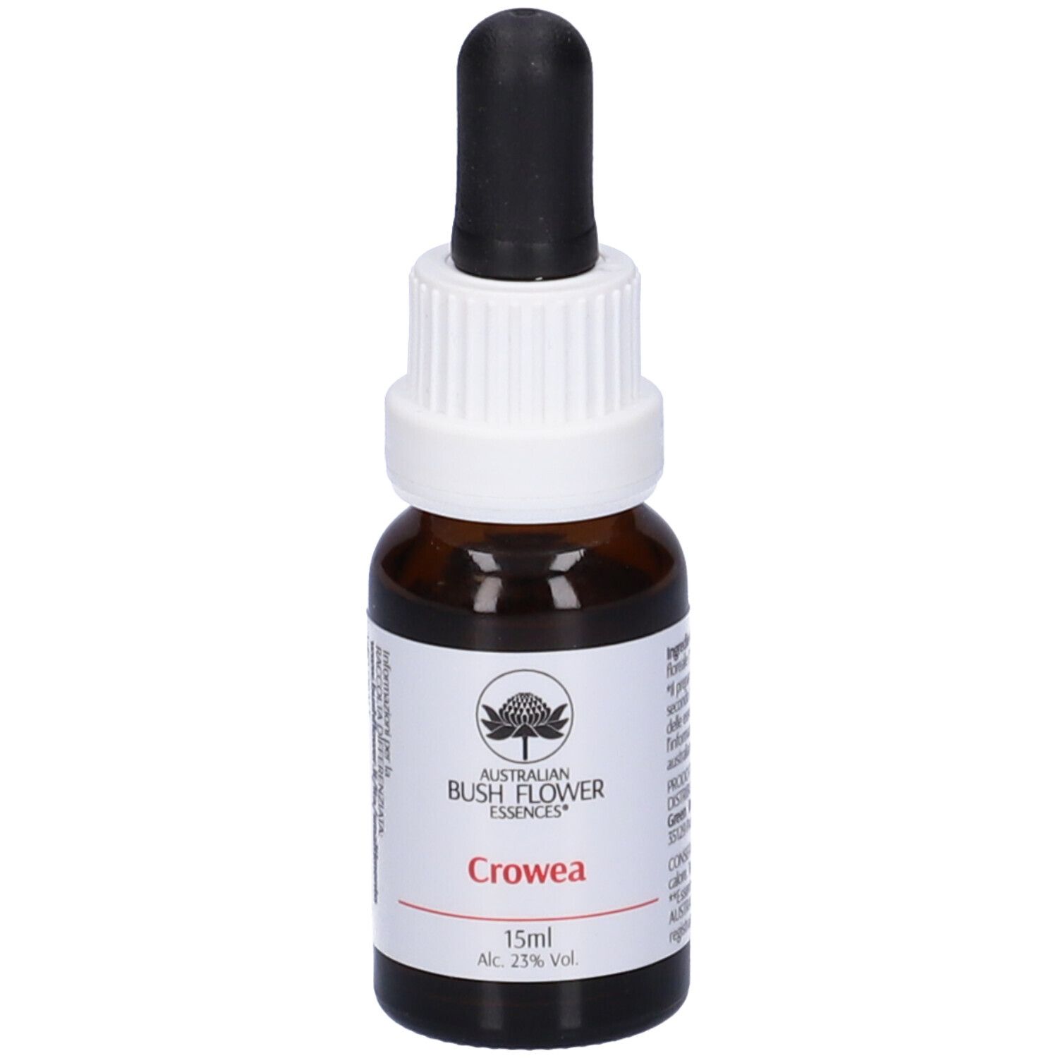 Flacone di vetro marrone con contagocce nero. Etichetta bianca con logo, nome e informazioni. 15ml.
