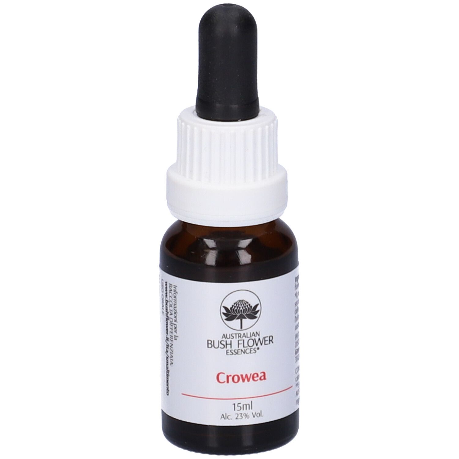 Flacone di vetro marrone con contagocce nero. Etichetta bianca con logo, nome e informazioni. 15ml.