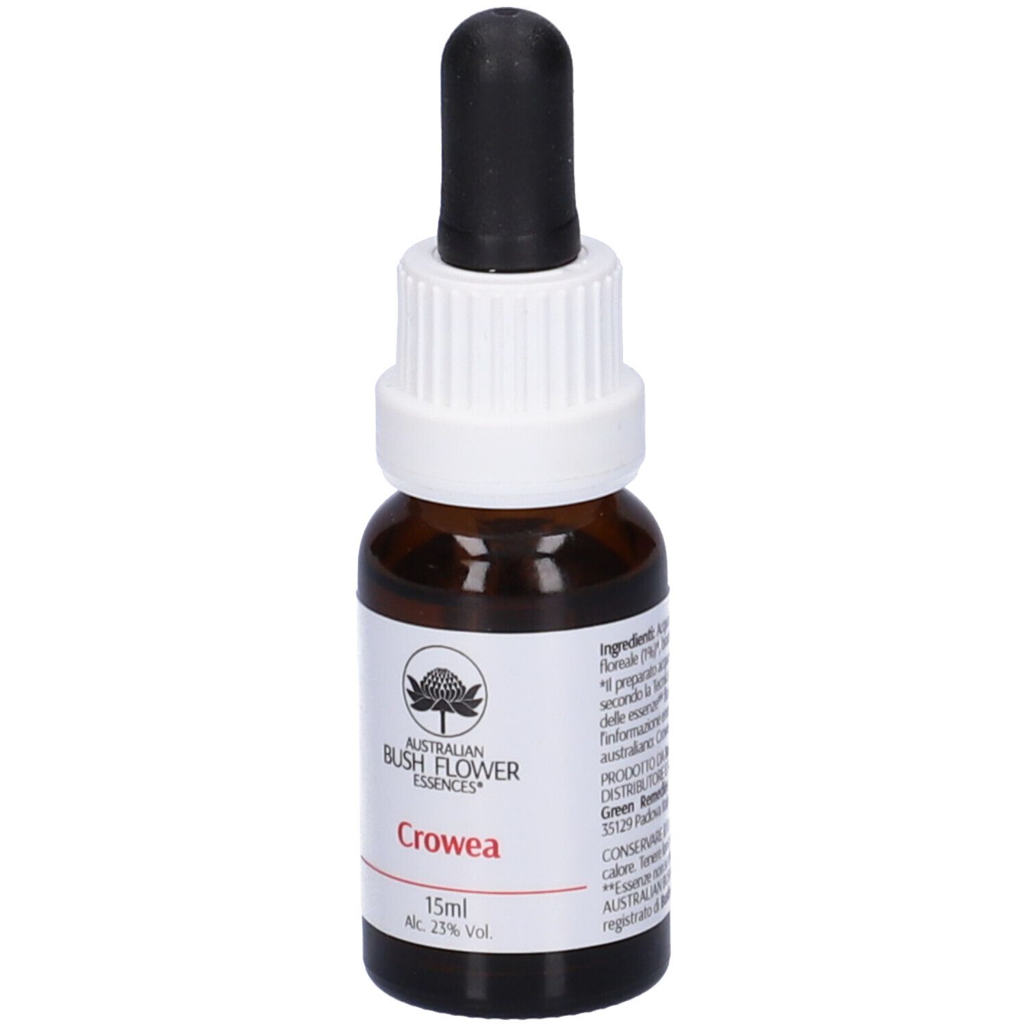 Flacone di vetro marrone con contagocce nero. Etichetta bianca con logo, nome e informazioni. 15ml.