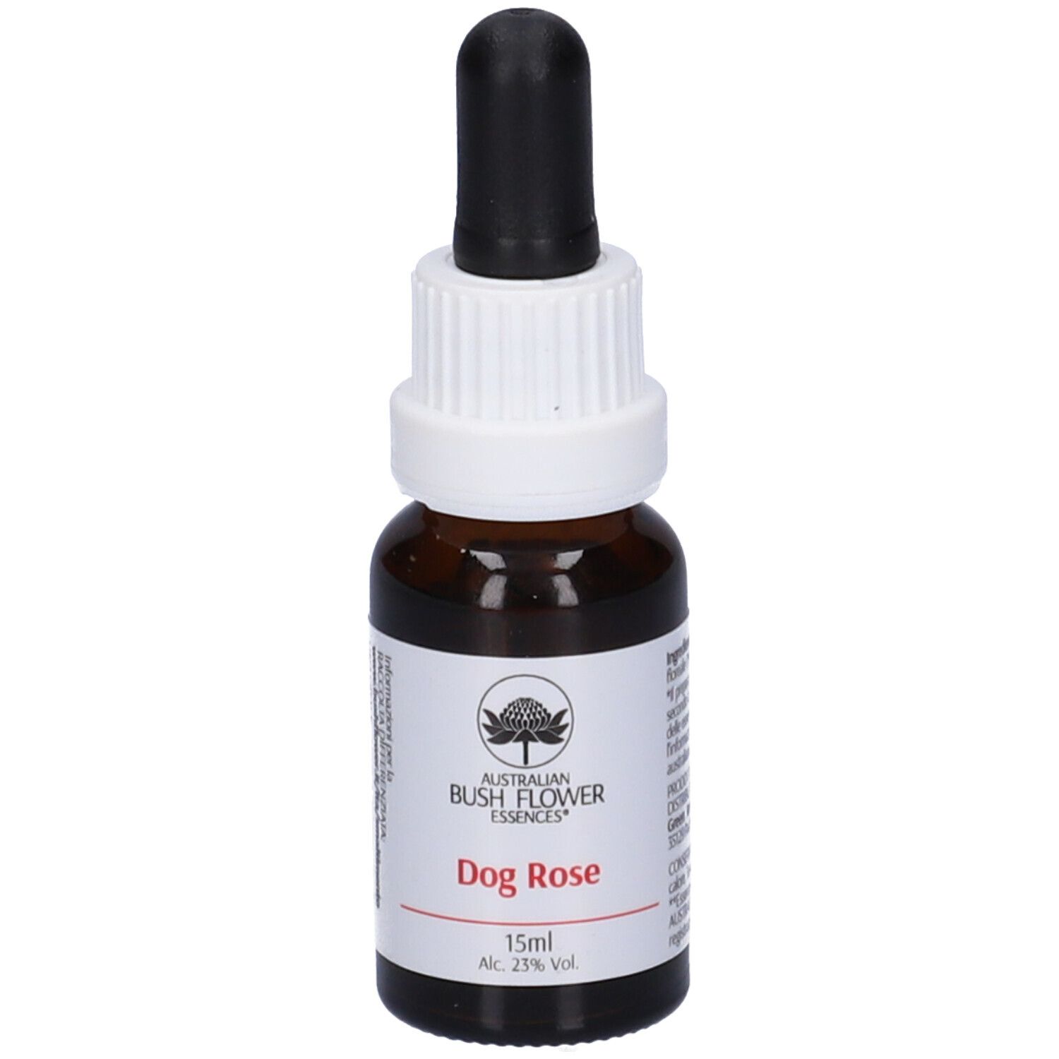 Flacone marrone con contagocce nero e tappo bianco. Etichetta: Dog Rose, 15ml, Australian Bush Flower Essences.