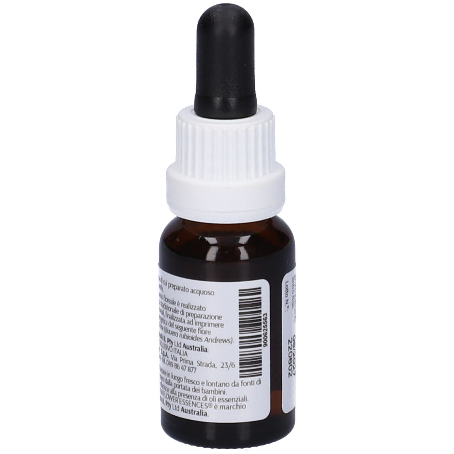 Flacone marrone con contagocce nero e tappo bianco. Etichetta con testo. Nome del prodotto non visibile.