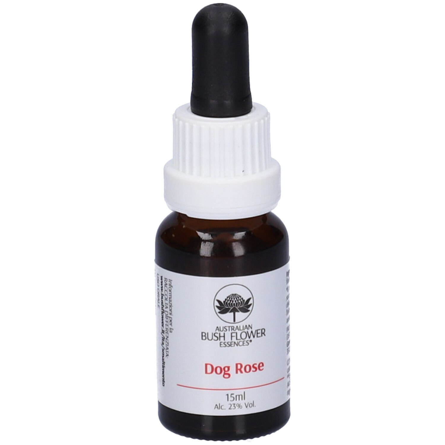 Flacone marrone con contagocce nero e tappo bianco. Etichetta: Dog Rose, 15ml, Australian Bush Flower Essences.