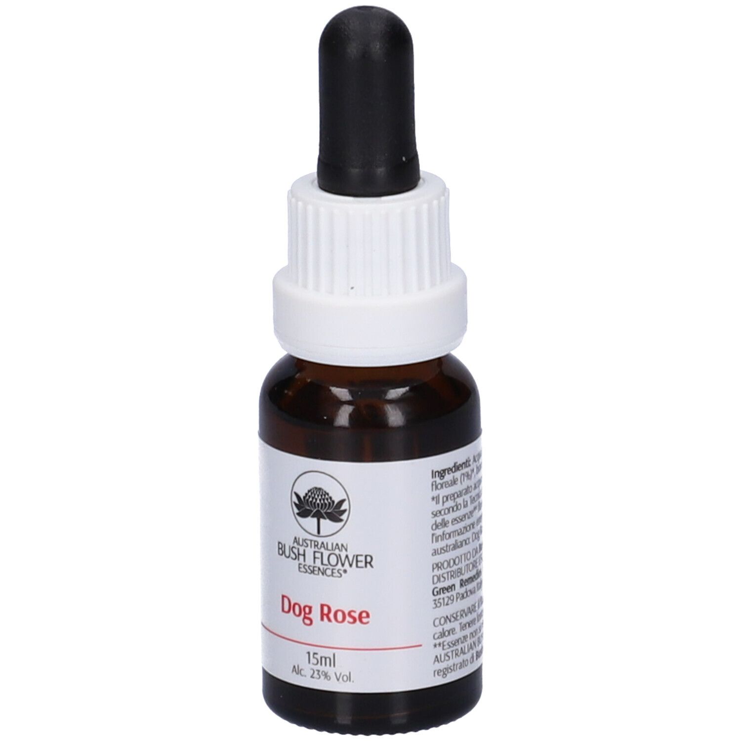 Flacone marrone con contagocce nero e tappo bianco. Etichetta: Dog Rose, 15ml, Australian Bush Flower Essences.