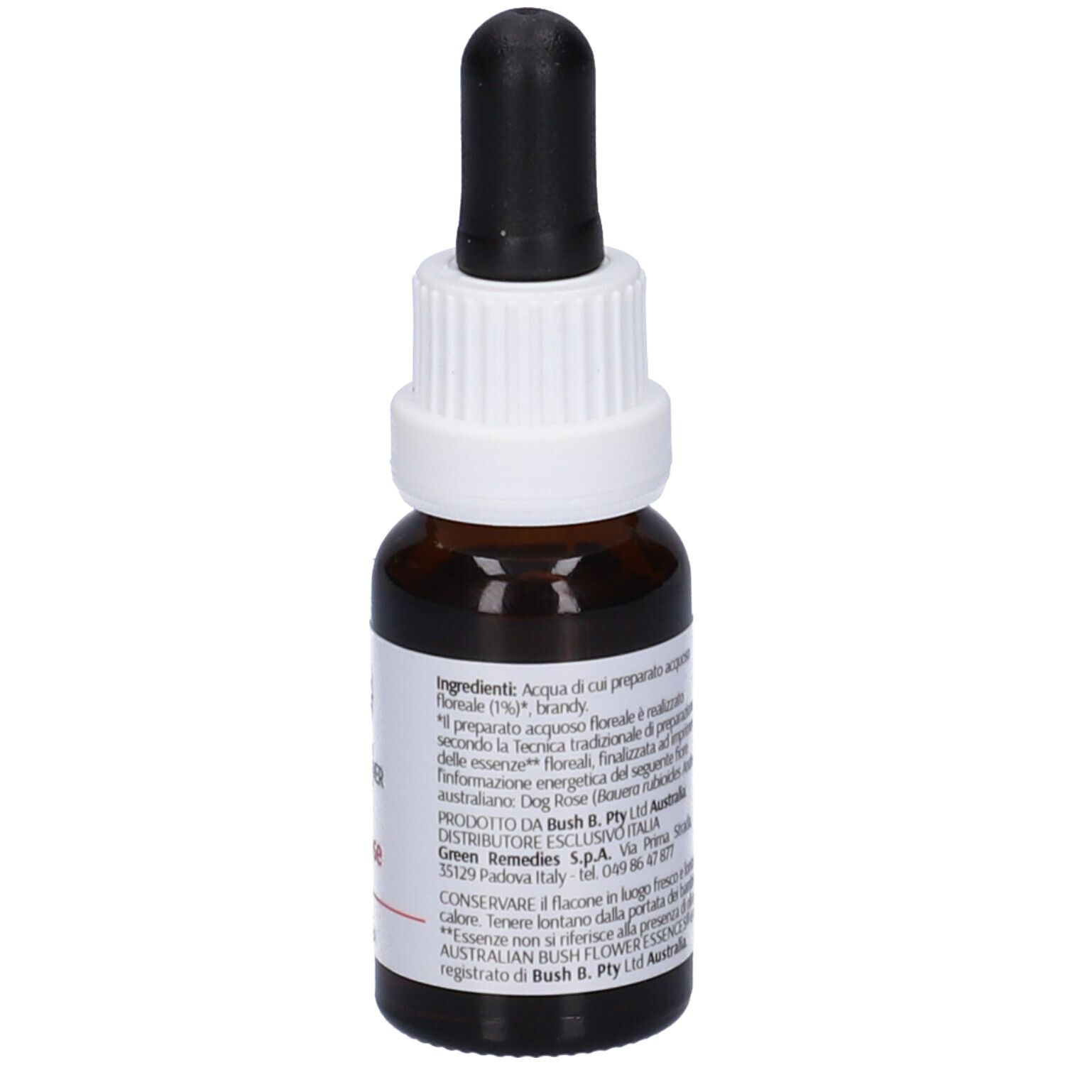 Flacone marrone con contagocce nero e tappo bianco. Etichetta con testo. Nome del prodotto non visibile.