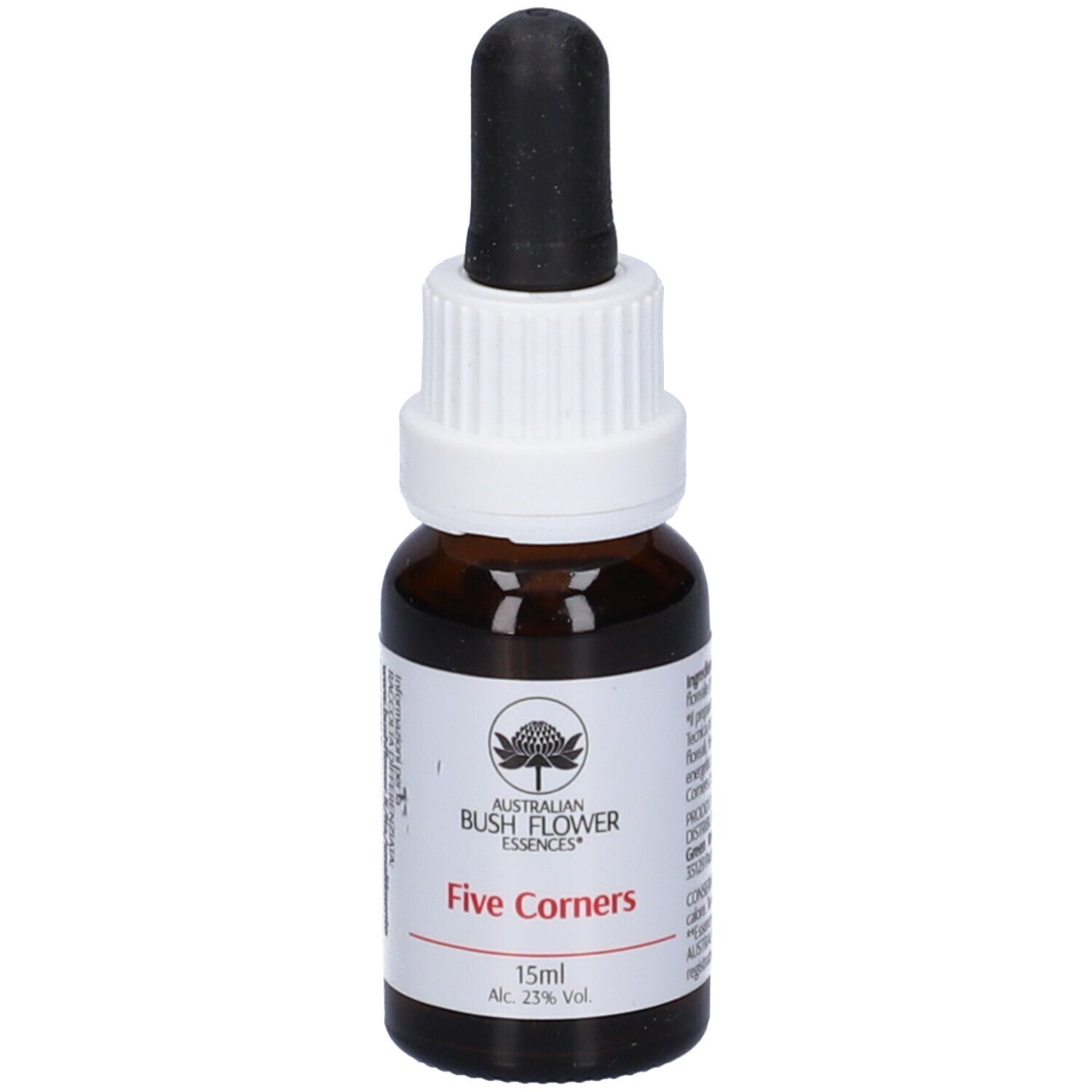 Flacone di vetro marrone con contagocce nero. Etichetta bianca con nome e testo. 15ml.