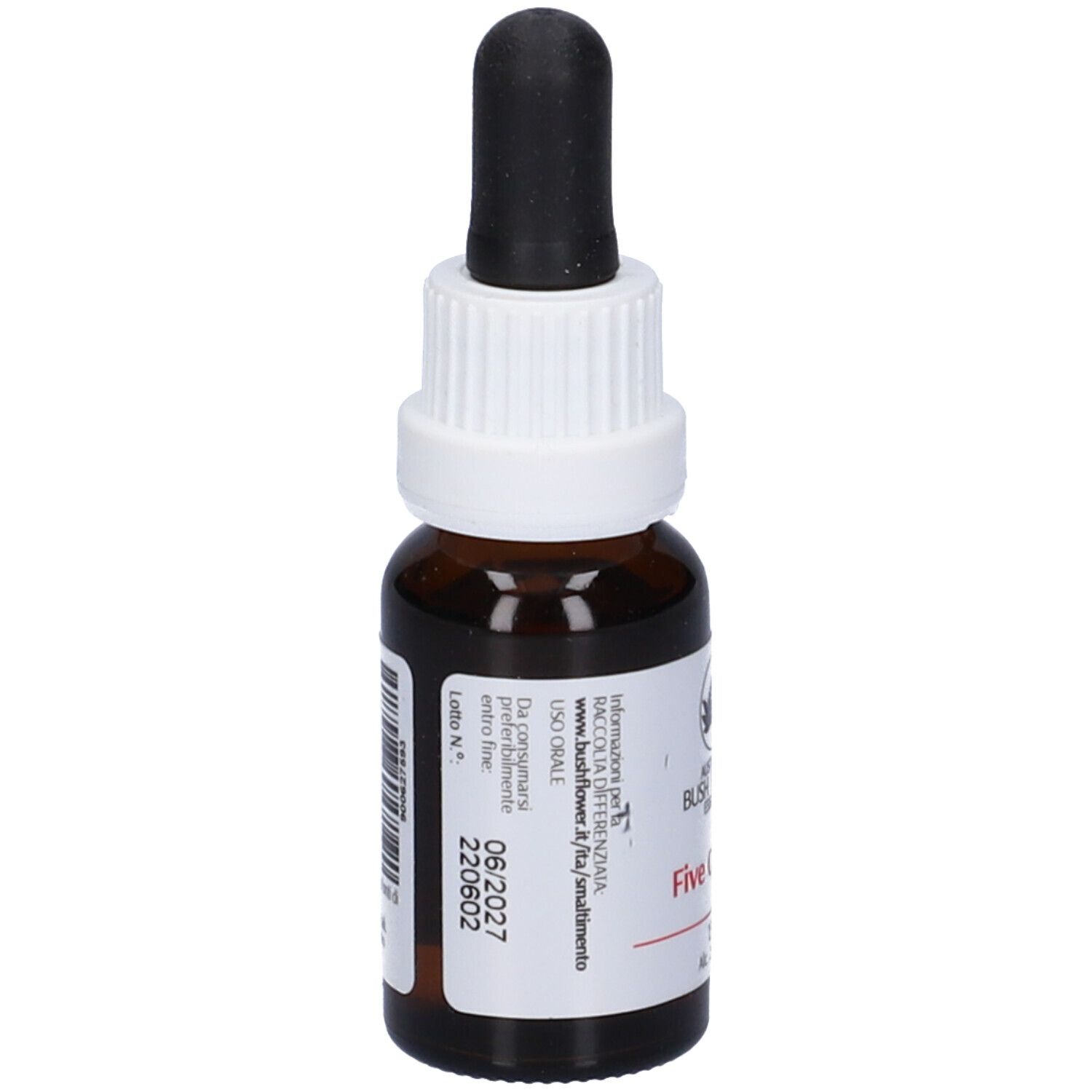 Flacone di vetro marrone con contagocce nero. Etichetta bianca con testo e codice a barre. 15ml.