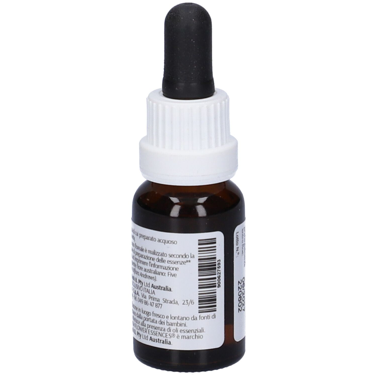 Flacone di vetro marrone con contagocce nero. Etichetta bianca con testo e codice a barre. 15ml.
