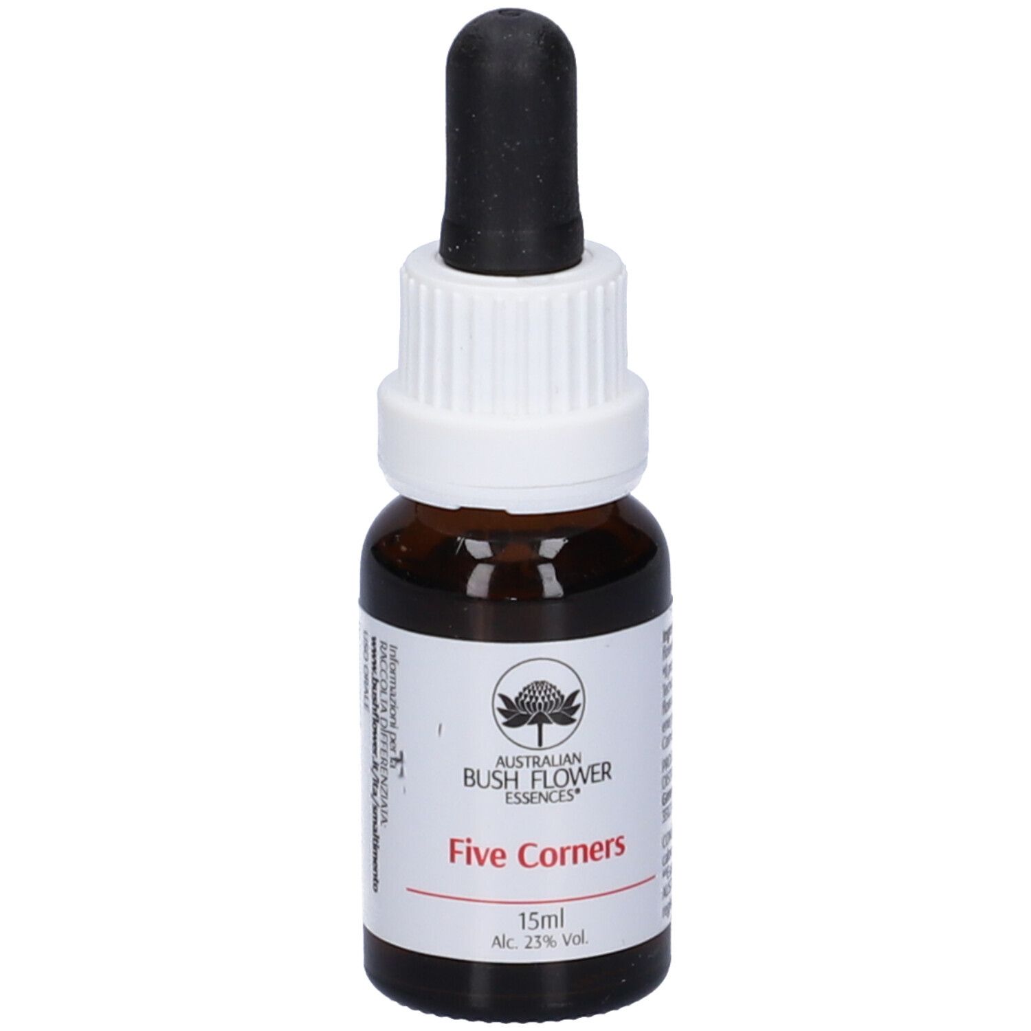 Flacone di vetro marrone con contagocce nero. Etichetta bianca con nome e testo. 15ml.