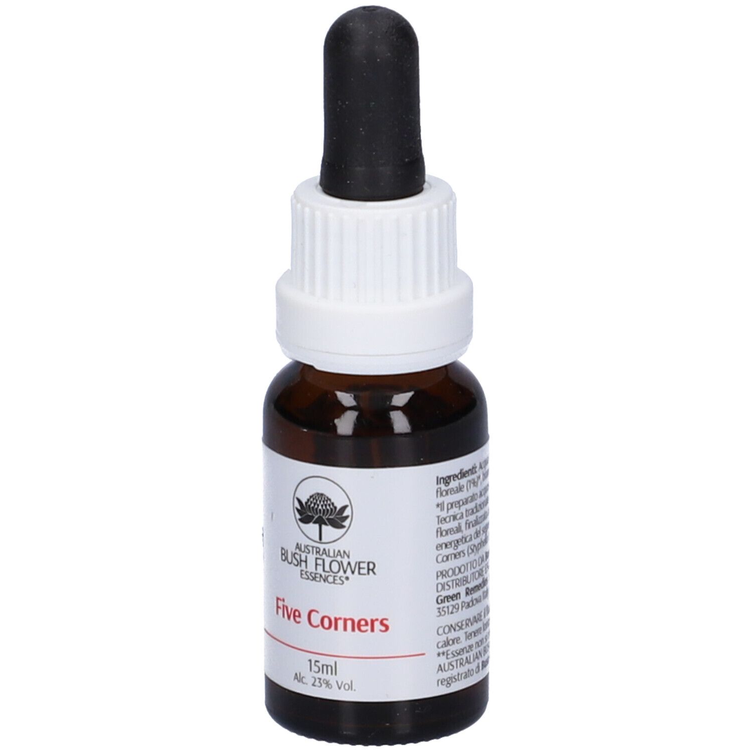 Flacone di vetro marrone con contagocce nero. Etichetta bianca con nome e testo. 15ml.