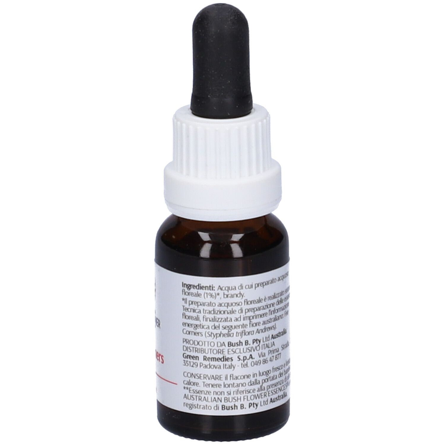 Flacone di vetro marrone con contagocce nero. Etichetta bianca con testo. 15ml.
