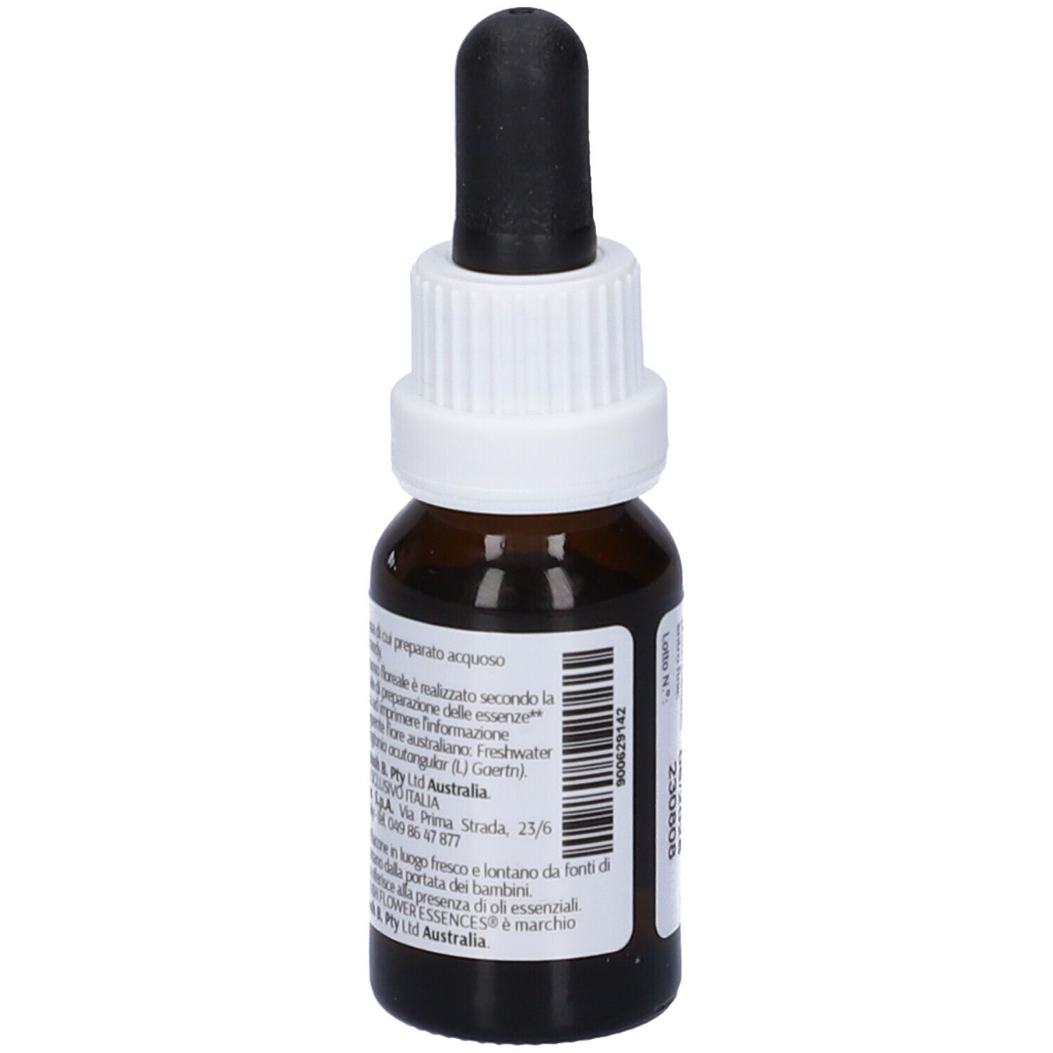 Flacone di vetro marrone con contagocce nero. Etichetta bianca con nome del prodotto e logo. Scritta: Freshwater Mangrove, 15ml.