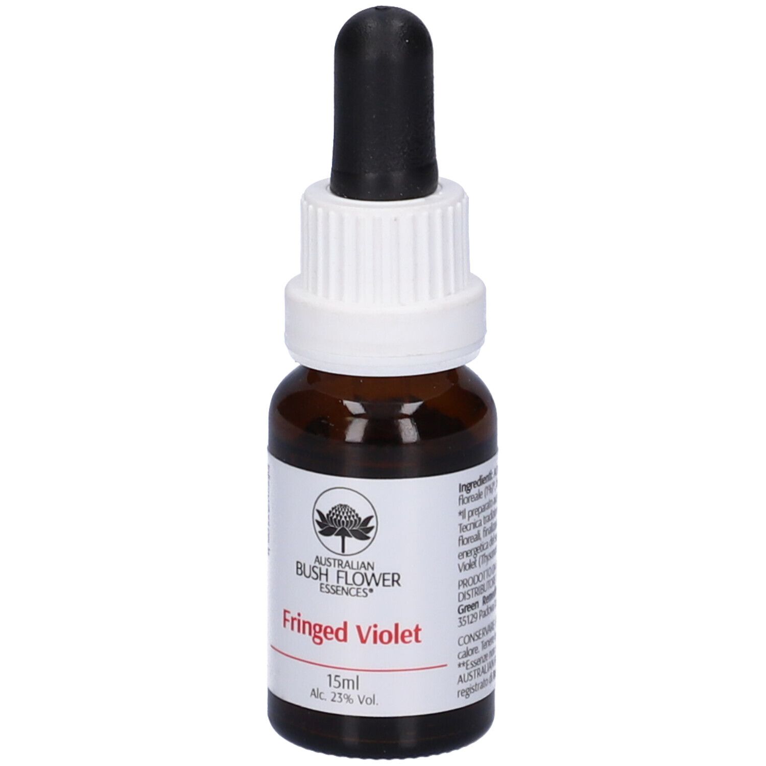 Flacone di vetro marrone con tappo bianco e contagocce nero. Etichetta con informazioni sul prodotto e logo. Scritta: Fringed Violet.