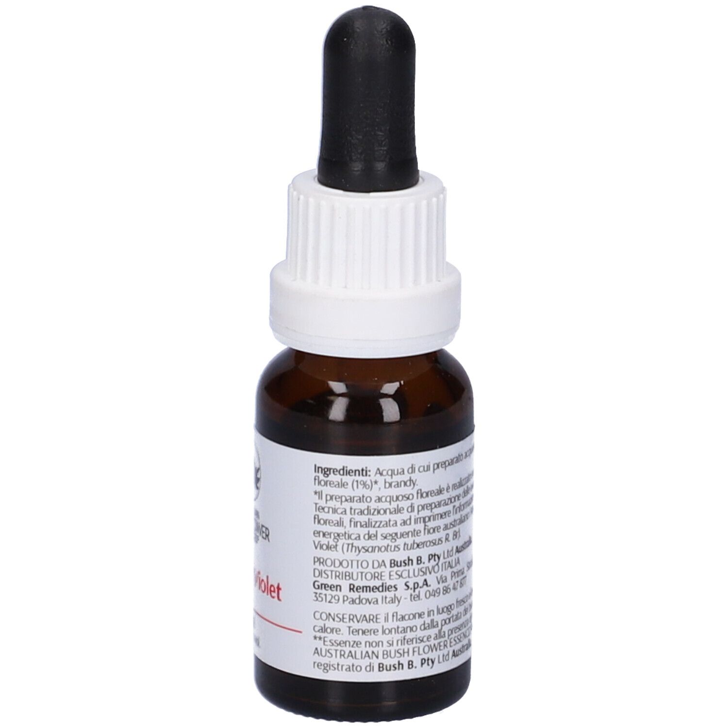 Flacone di vetro marrone con tappo bianco e contagocce nero. Etichetta con informazioni sul prodotto e logo. Scritta: Fringed Violet.