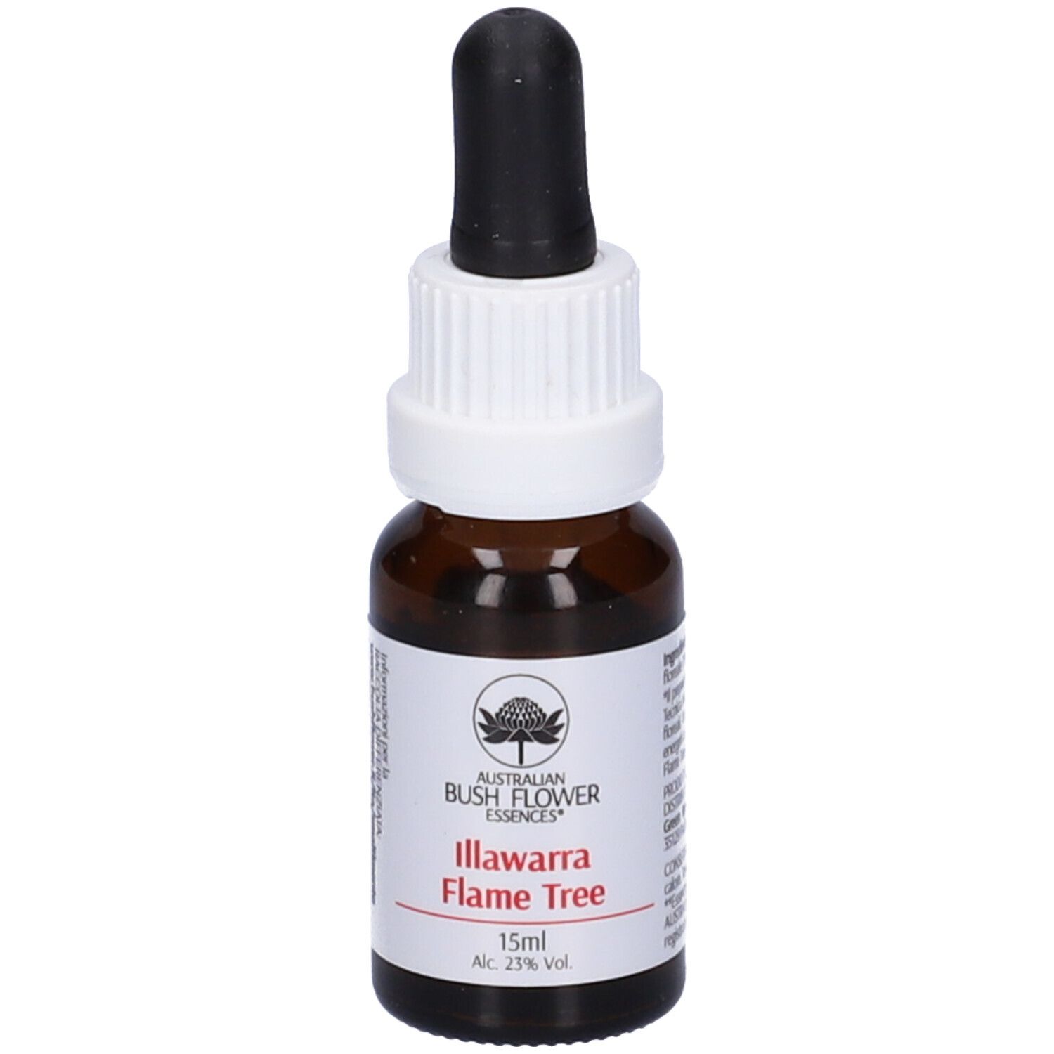 Flacone di vetro marrone con contagocce nero. Etichetta con nome prodotto Illawarra Flame Tree e 15ml.