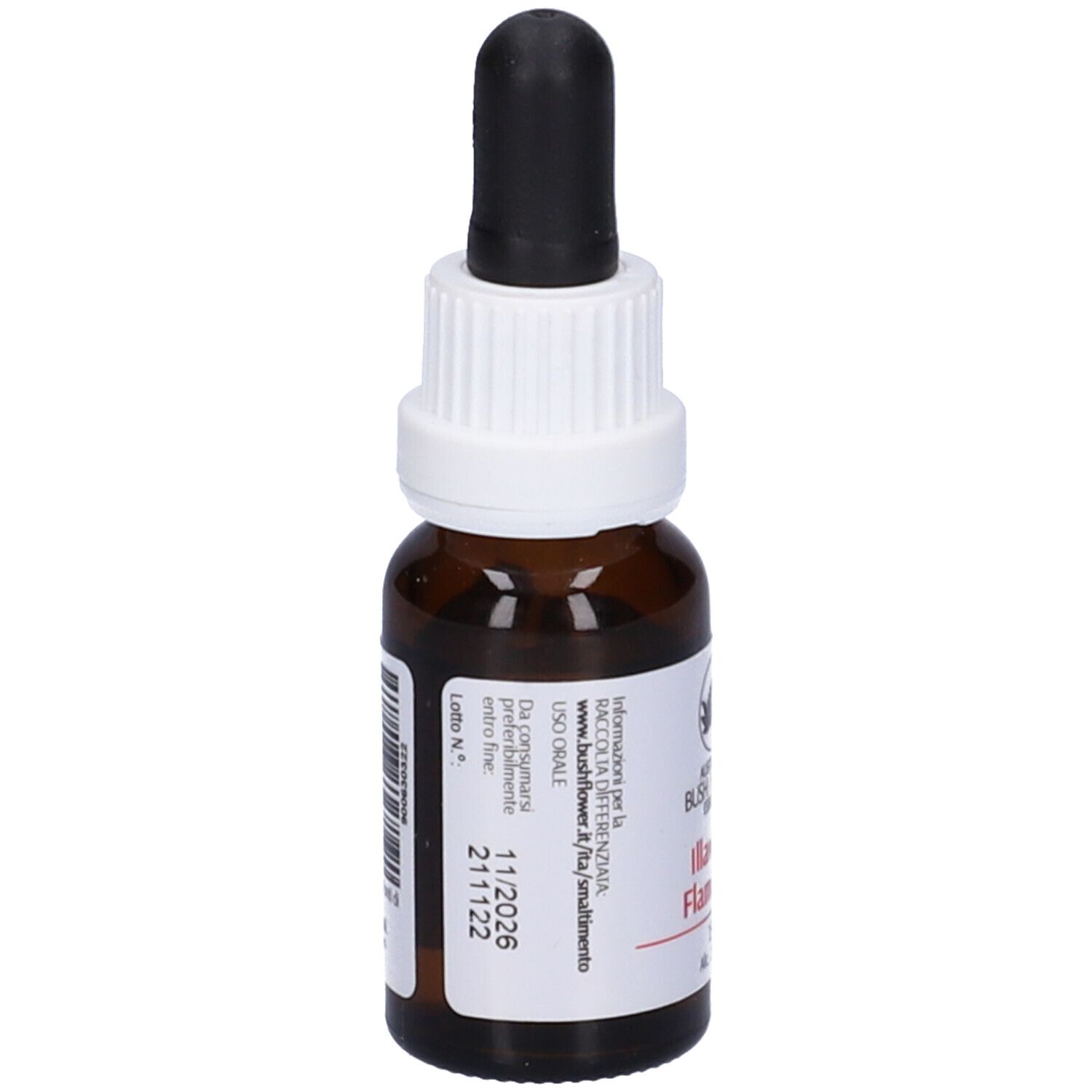 Flacone di vetro marrone con contagocce nero. Etichetta con nome prodotto Illawarra Flame Tree e 15ml.
